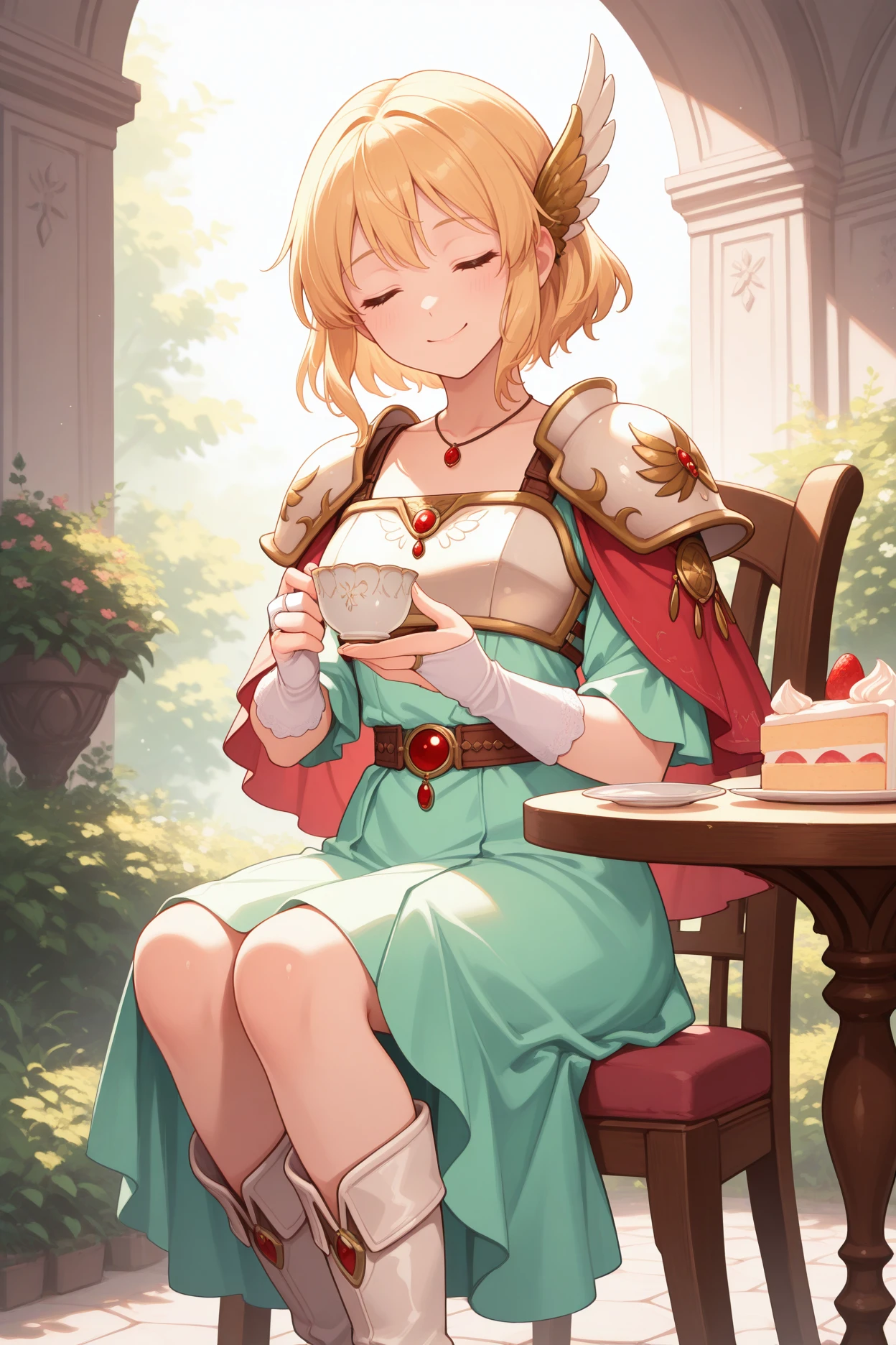 masterpiece, best quality, 1girl, solo, <lora:fenanna-illu-nvwls-v1-000006:1> fenna, blonde hair, short hair, wing hair ornament, white armor, shoulder armor, red capelet, necklace, green dress, brown belt, white gloves, bridal gauntlets, fingerless gloves, white boots, knee boots, sitting, table, chair, holding teacup, cake, closed eyes, smile, garden