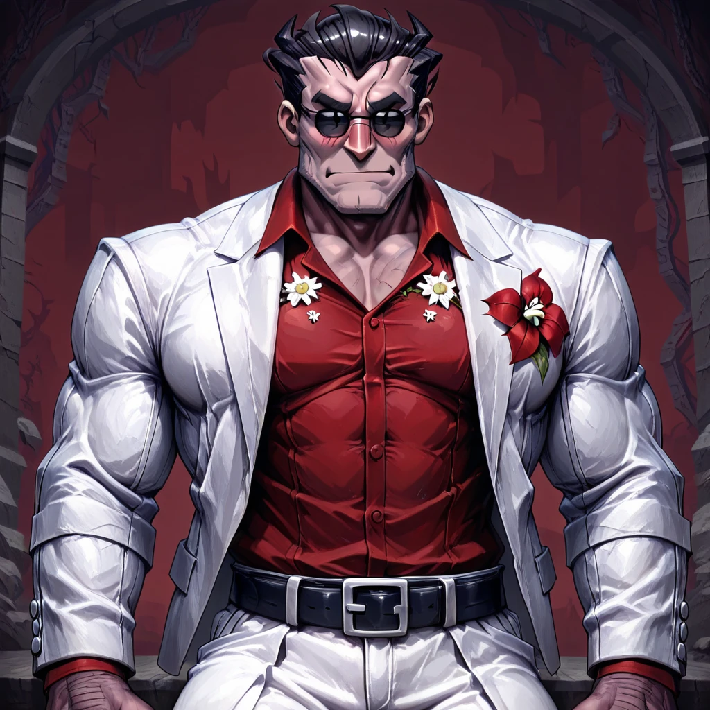 masterpiece, best quality, newest, absurdres, highres, GOTPV1.0, 1boy, helltaker (helltaker), black hair, short hair, muscular, muscular male, sunglasses, white jacket, white pants, black belt, red shirt, formal clothes, flower in clothes, open jacket
