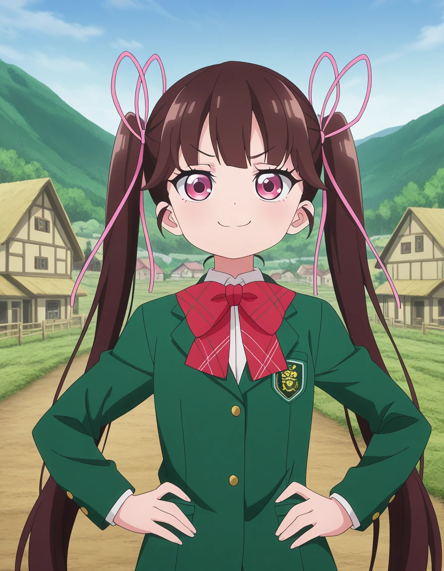 masterpiece, best quality, amazing quality,, <lora:haru-arisugawa-s1-illustriousxl-lora-nochekaiser:1>, haru arisugawa, arisugawa haru, long hair, brown hair, ribbon, twintails, hair ribbon, pink eyes, anime screencap, bow, school uniform, jacket, green jacket,, smug, hands on own hip,, village, houses, community, rural, farms, cowboy shot, solo, looking at viewer