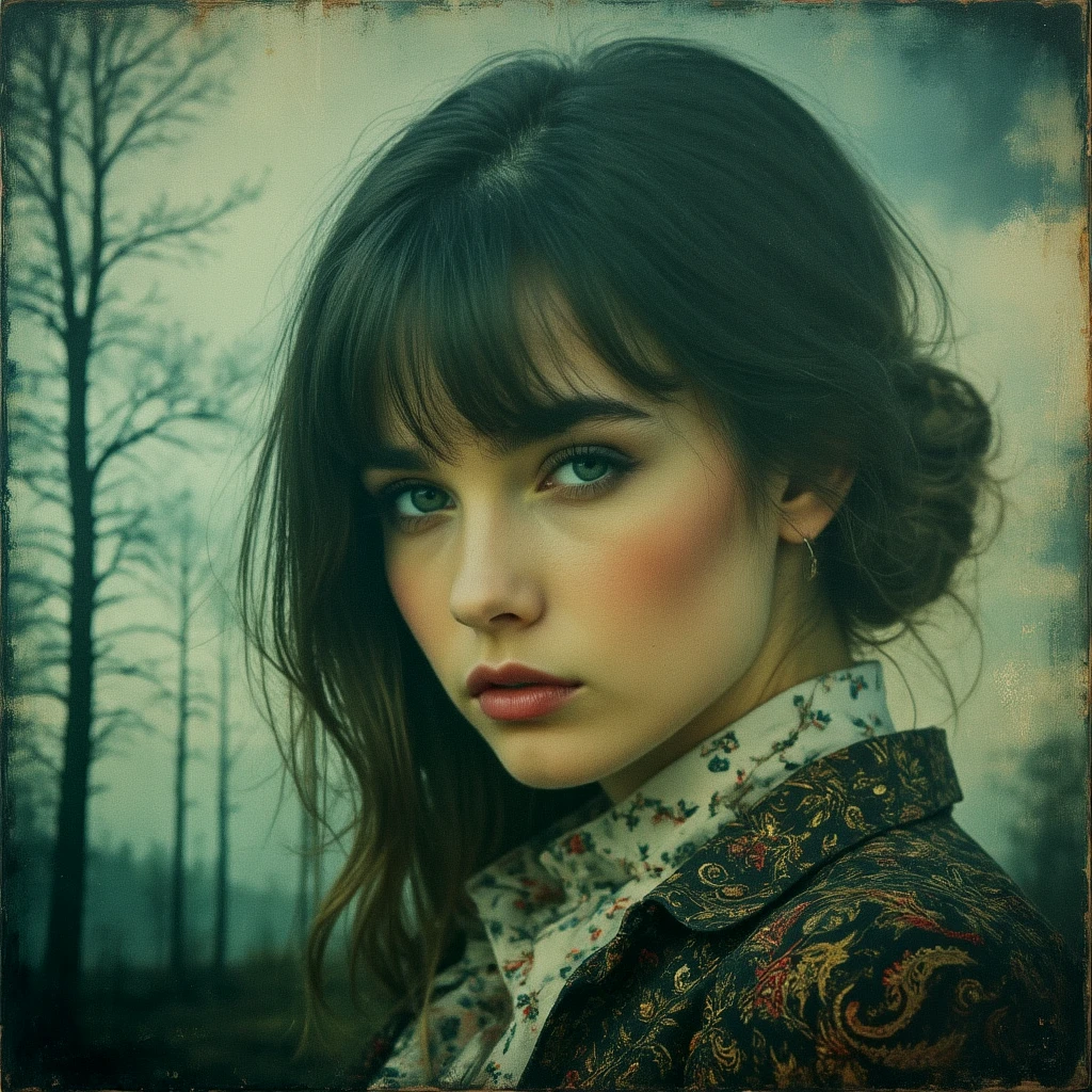 Atmospheric, moody. Double exposure. Fantasy style.
An artistic painting, using paisley patterns. A beautiful young woman. 1960s style.
scrdxCE_style