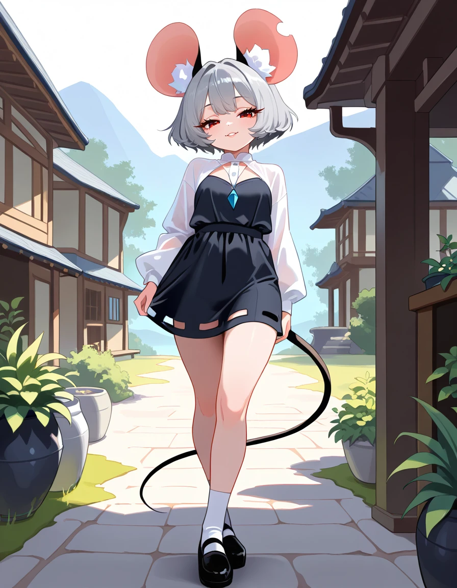 masterpiece, best quality, very aesthetic, absurdres,
outdoors,
full body, standing, posing,
seductive smile, parted lips, long eyelashes,
<lora:Nazrin_v01_NAIXL:1>
N4zr1n,1girl,solo,mouse girl,mouse ears,animal ear fluff,short hair,bangs,grey hair,red eyes,mouse tail,