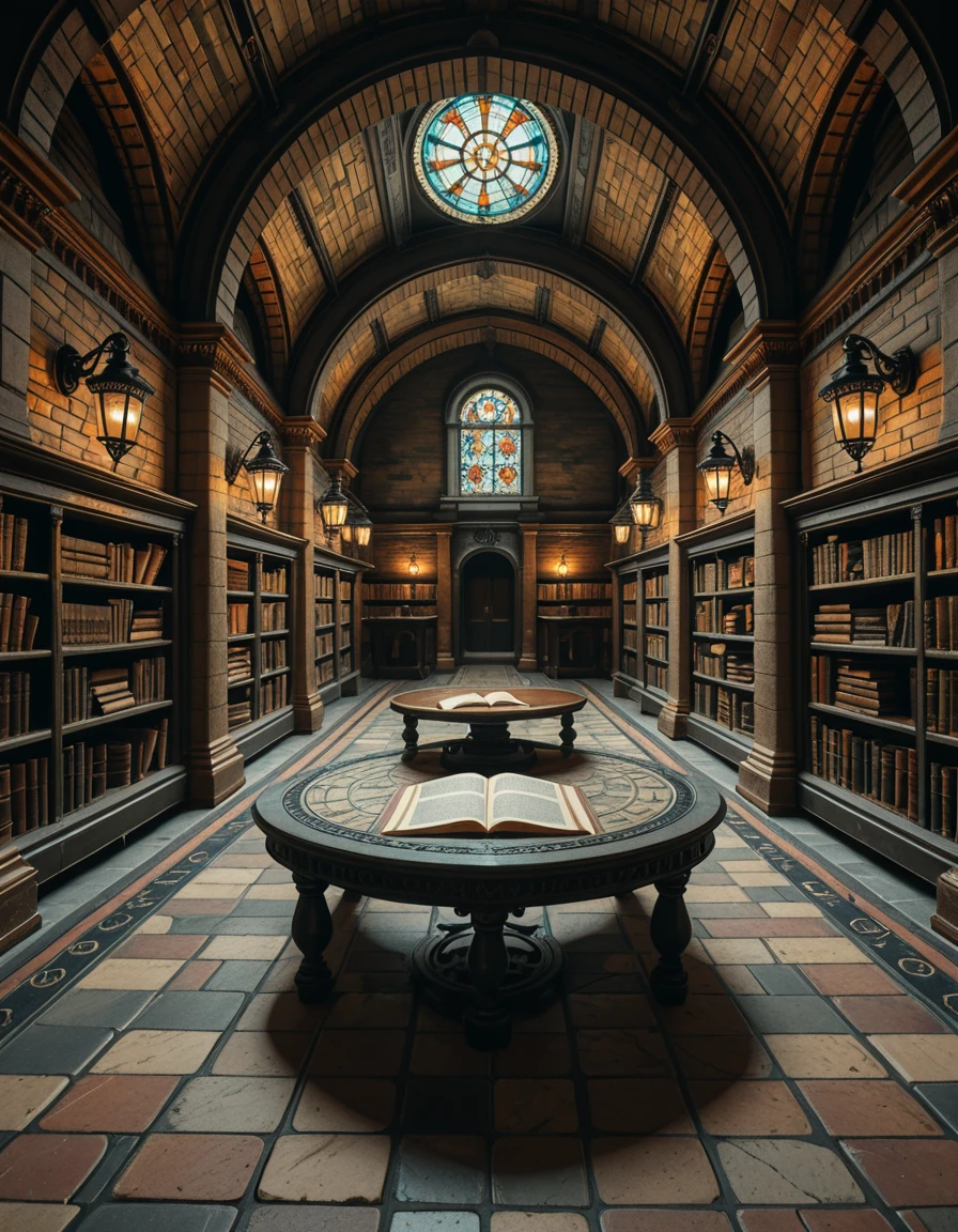 A hidden underground archive beneath a centuries-old library. The room is dimly lit by wrought iron lamps mounted on stone columns, casting flickering shadows across ancient brick walls. Long, vaulted ceilings arch overhead, and the scent of parchment and dust fills the air. Endless rows of oak shelves stretch into the distance, each packed with leather-bound tomes, scrolls sealed with wax, and mysterious artifacts locked behind glass cases. An intricate mosaic of alchemical symbols decorates the tiled floor, and in the center of the space, a circular reading table sits under a skylight made of stained glass, filtering colored light into the chamber. The ambiance is hushed, sacred, and steeped in secrets.hidden underground 4rch1v3, <lora:hidden_underground_4rch1v3-i:1>, Masterpiece,best quality,hi res,8k,hi res,8k,award winning,(sharp focus, intricate, highly detailed),