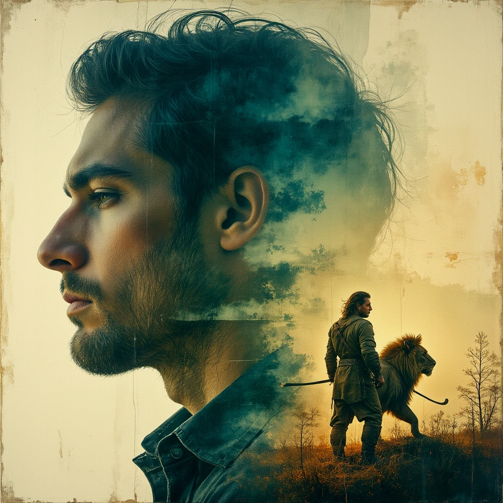 Double exposure. Layered dreamlike art. Light leak. Screenprint texture. Distressed overlay.
A warrior and a lion. Male focus.
scrdxCE_style