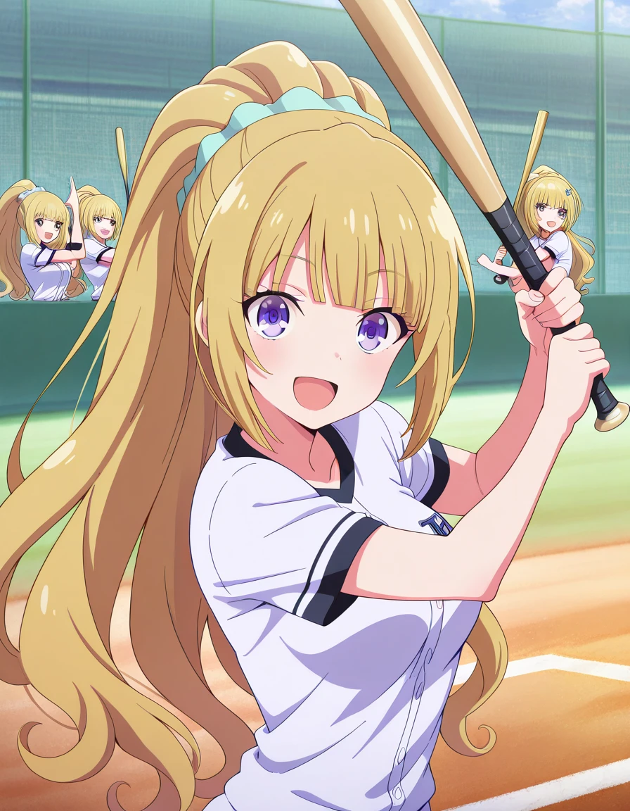 masterpiece, best quality, amazing quality,, <lora:kei-karuizawa-s2-v1-illustriousxl-lora-nochekaiser:1>, kei karuizawa, long hair, bangs, blunt bangs, purple eyes, blonde hair, shirt, hair ornament, ponytail, scrunchie, blue scrunchie, medium breasts,, <lora:batting-stance-illustriousxl-lora-nochekaiser:1>, batting stance, looking at viewer, smile, open mouth, baseball bat, holding baseball bat, , ,