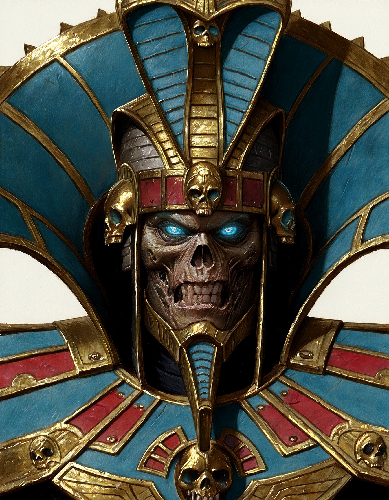 masterpiece, realism, traditional media, skull, glowing eyes, glowing, armor, solo, 1boy, teeth, helmet, blue eyes, looking at viewer, skull ornament, straight-on, gold trim, power armor, shoulder armor, simple background, pauldrons, portrait, clenched teeth,
<lora:Warhammer Tombkings Lycoris Illustrious 0.1:0.8>