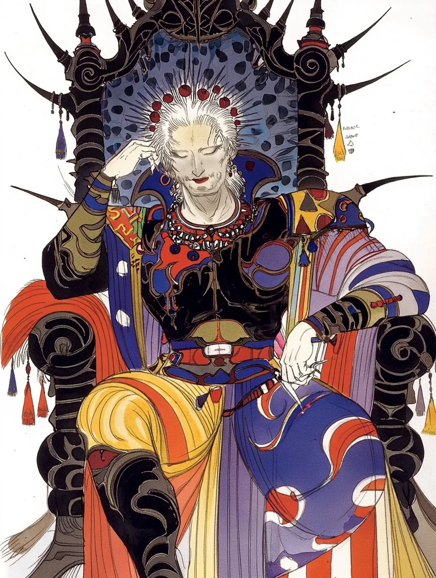 Style of Yoshitaka Amano. Elaborate thrown room. An old king sits upon his thrown. He is resting his head upon his hand. He is dressed in a multitude of fabrics. Soft watercolors.