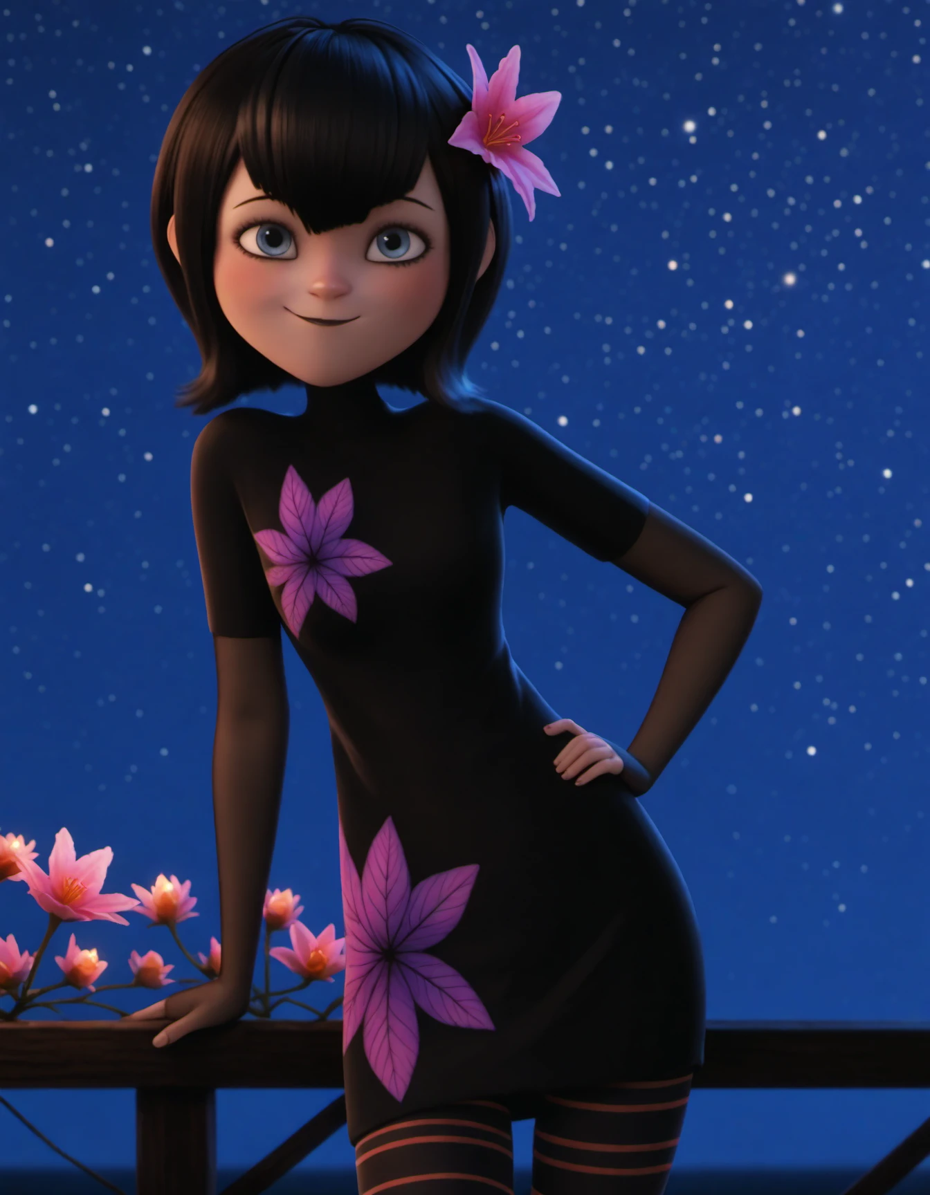best quality, highly detailed, 1girl, flower, hair ornament, pantyhose, black dress, night, star, light smile at the viewer, head on the hip, <lora:marillv11:1>