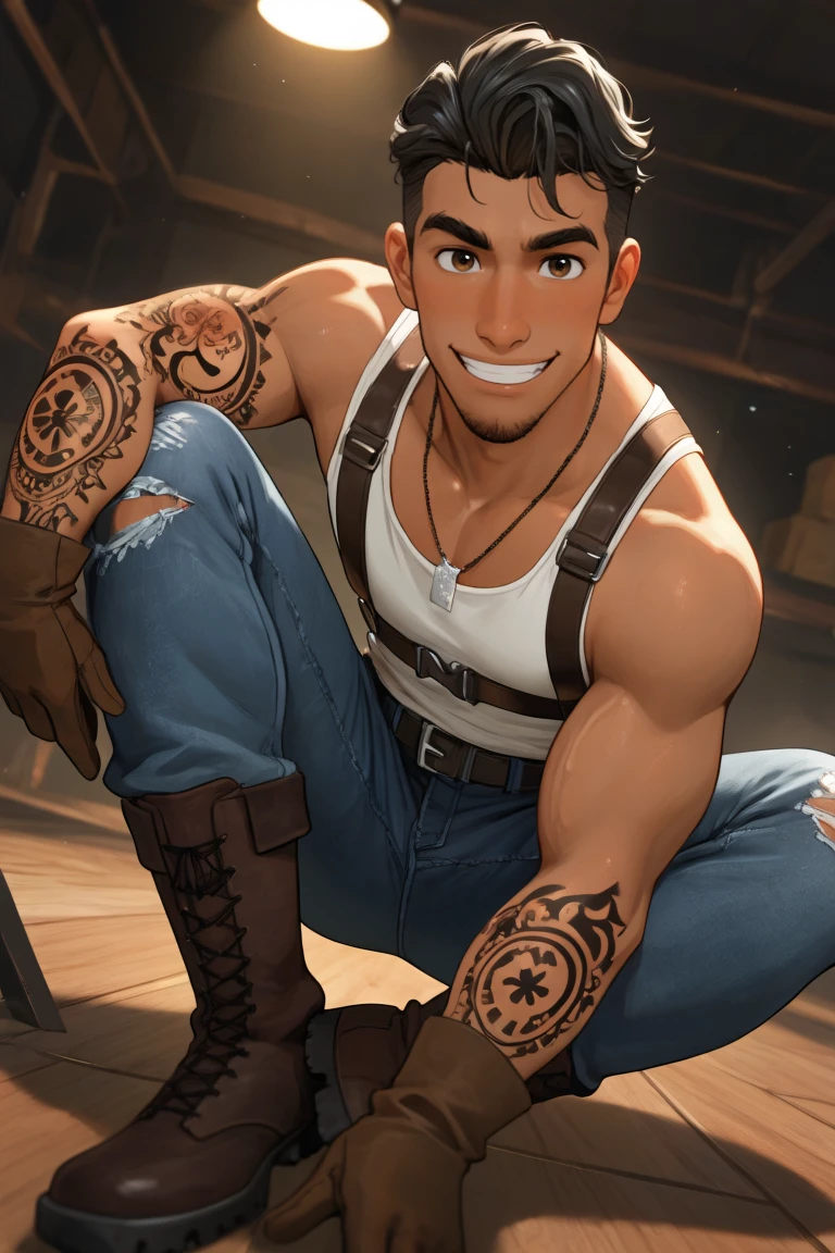 best quality, amazing quality, very aesthetic, absurdres, newest, dynamic angle, intricately detailed illustration, depth of field, masterpiece, volumetric lighting, expressive, dynamic action, masterpiece, perfect, clean detail, clean lines, smooth shading,
BREAK, simple background, smiling, looking at viewer, casual pose, portrait,
BREAK, 1boy, male focus, solo,coralpablo,black hair,brown eyes,facial hair,goatee,dark skin, tattoo on one arm, white tank top, ripped jeans, brown boots, brown gloves, torso harness, necklace,