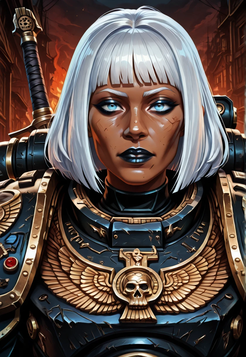 (masterpiece, best quality, highly detailed, realistic),cinematic lighting, source_western, illustration 2.5d, fantasy illustration, warhammer 40k, in the grim darkness of the far future, portrait of n3f3rt1t1 as an adepta sororitas holding a power sword , medium bob white hair with blunt_bangs, perfect blue eyes, grim expression, black lipstick, (((black power armor ))), there is only war in the background, facing the viewer, close up
<lora:N3f3rt1t1:1> , dark skin,
<lora:Painted_3d_-_IL:.7> P3DV1.0,