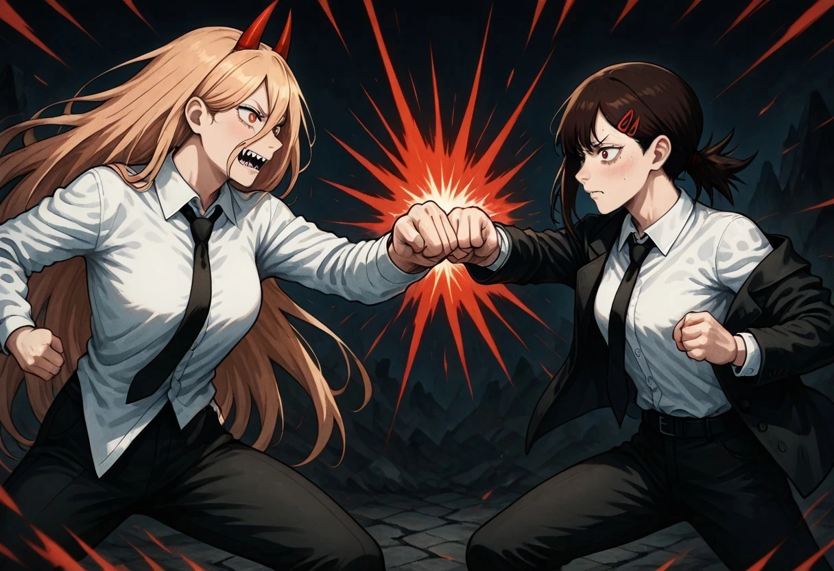 masterpiece, best quality, newest, absurdres, highres, battle, duel, punching, FC-ILV1.0, fighting stance, dynamic pose, 2girls, multiple girls, power \(chainsaw_man\), demon horns, long hair, blonde hair, very long hair, red horns, black necktie, horns, cross-shaped pupils, shirt,
higashiyama kobeni \(chainsaw_man\), brown hair, collared shirt, black necktie, black jacket, 
