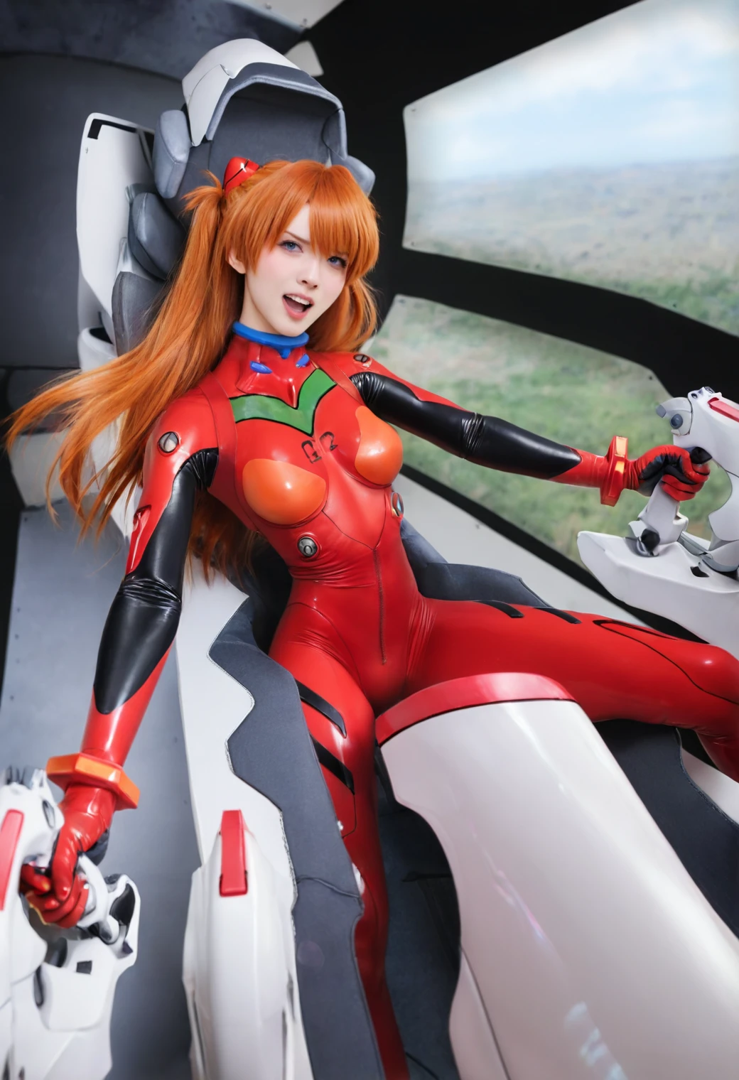 realistic,cosplay,entry plug,riding,souryuu asuka langley,1girl,solo,long hair,breasts,looking at viewer,open mouth,blue eyes,sitting,medium breasts,teeth,sky,orange hair,floating hair,bodysuit,science fiction,controller,pilot suit,plugsuit,red bodysuit,interface headset,cockpit,joystick,front view,A fiery-haired girl in a vibrant red suit clutches a massive weapon. Her outfit,sleek and form-fitting,accentuates her person. The suit's design is futuristic,with glowing details and a number "02" displayed. The background is a cosmic expanse,hinting at a grand,otherworldly battle. The detailed and dynamic,capturing the intensity of the moment.,
