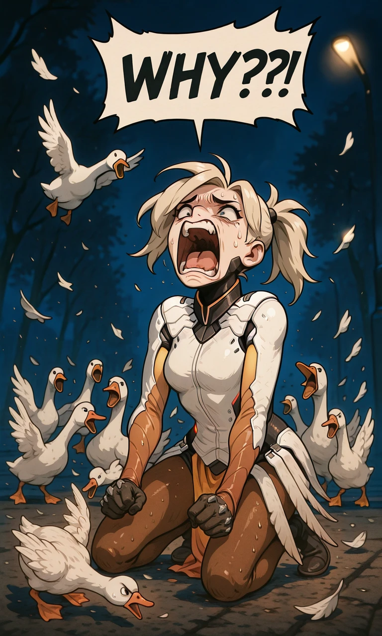 embedding:IllusP0s, goose ambush, 6+geese, WHY?!, speech bubble, screaming, kneeling, mercy_\(overwatch\), scared, outdoors, night, contrast lighting, low angle,<lora:why_illustrious.safetensors:1.0:1.0> <lora:goose ambush_illustrious.safetensors:1:1>