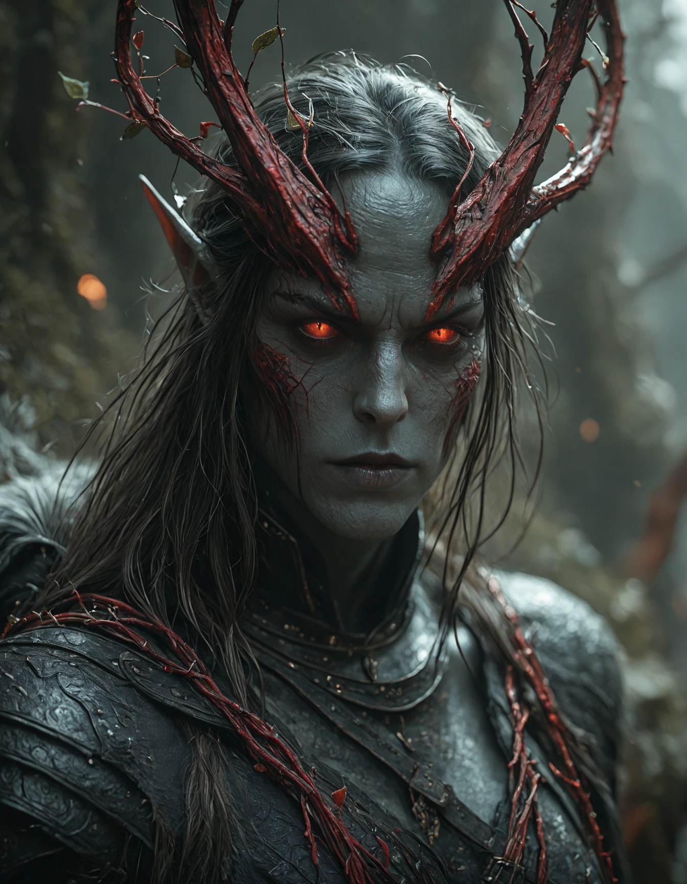 masterpiece, best quality, amazing quality, very aesthetic, high resolution, absurdres, newest, photorealism, realistic,, (A humanoid creature made of intertwined black and red vines, with gray skin, in a dark fantasy style, digital art portrait, pov from the side. :1.2) in the style of fantasy art, cinematic, octane render, hyper detailed, volumetric lighting, cinematic shot, in the style of artstation. hkevil, <lora:BeautyInEvilIL:1>
