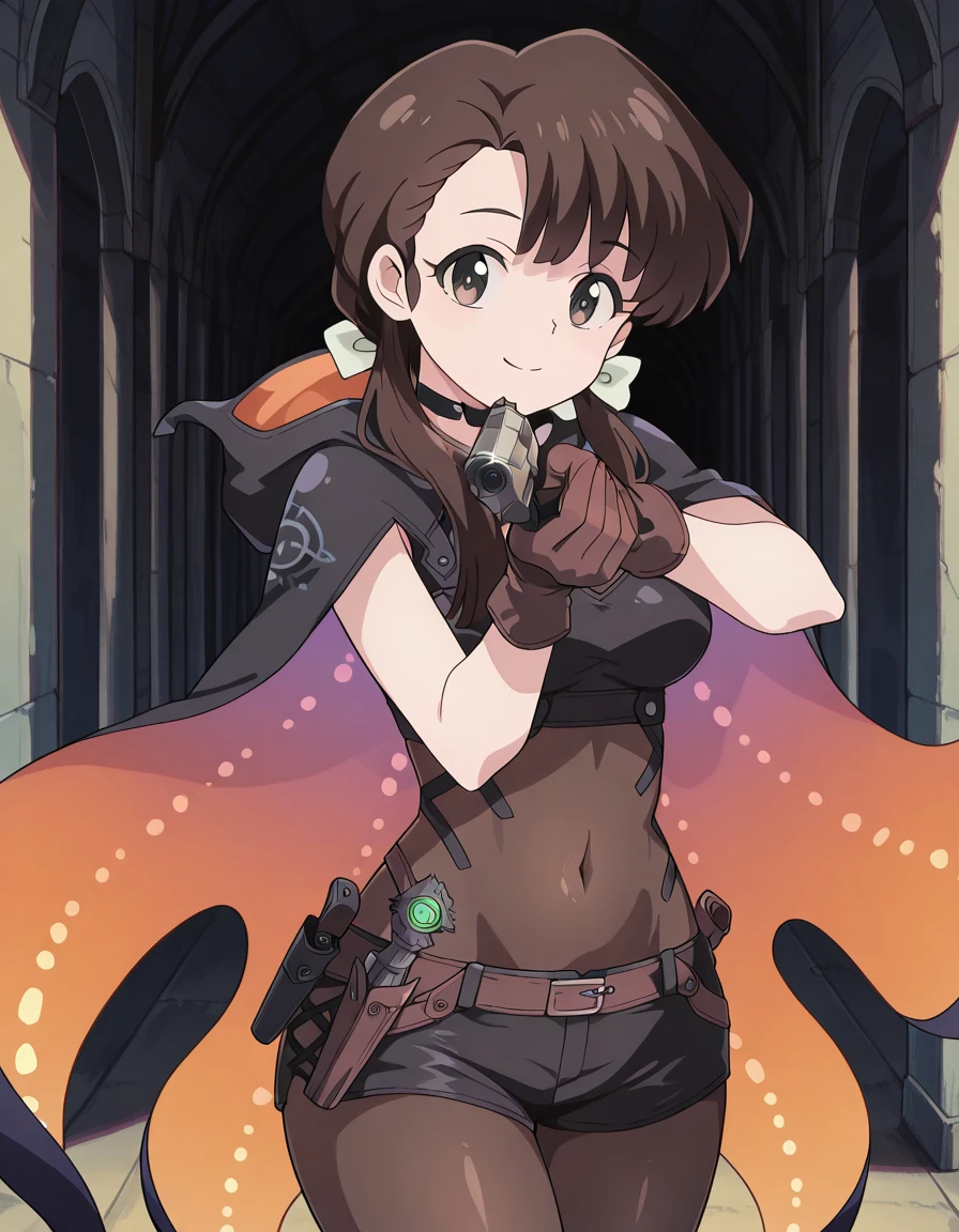 masterpiece, best quality, amazing quality,, <lora:kasumi-tendou-s1-illustriousxl-lora-nochekaiser:1>, kasumi tendou, tendou kasuma, long hair, hair bow, bangs, hair over shoulders, brown hair, brown eyes, white bow, mature female, medium breasts, anime screencap,, <lora:namielle-armor-illustriousxl-lora-nochekaiser:1>, namielle armor, belt, black shorts, bodystocking, cape, choker, covered navel, cross-laced clothes, gloves, glowing, hood, multicolored clothes, namielle (armor), navel, see-through clothes, short shorts, shorts,, <lora:center-axis-relock-stance-illustriousxl-lora-nochekaiser:1>, center axis relock stance, looking at viewer, holding, closed mouth, weapon, holding weapon, gun, holding gun, handgun, aiming, finger on trigger, aiming at viewer, m1911,, smile, , ,