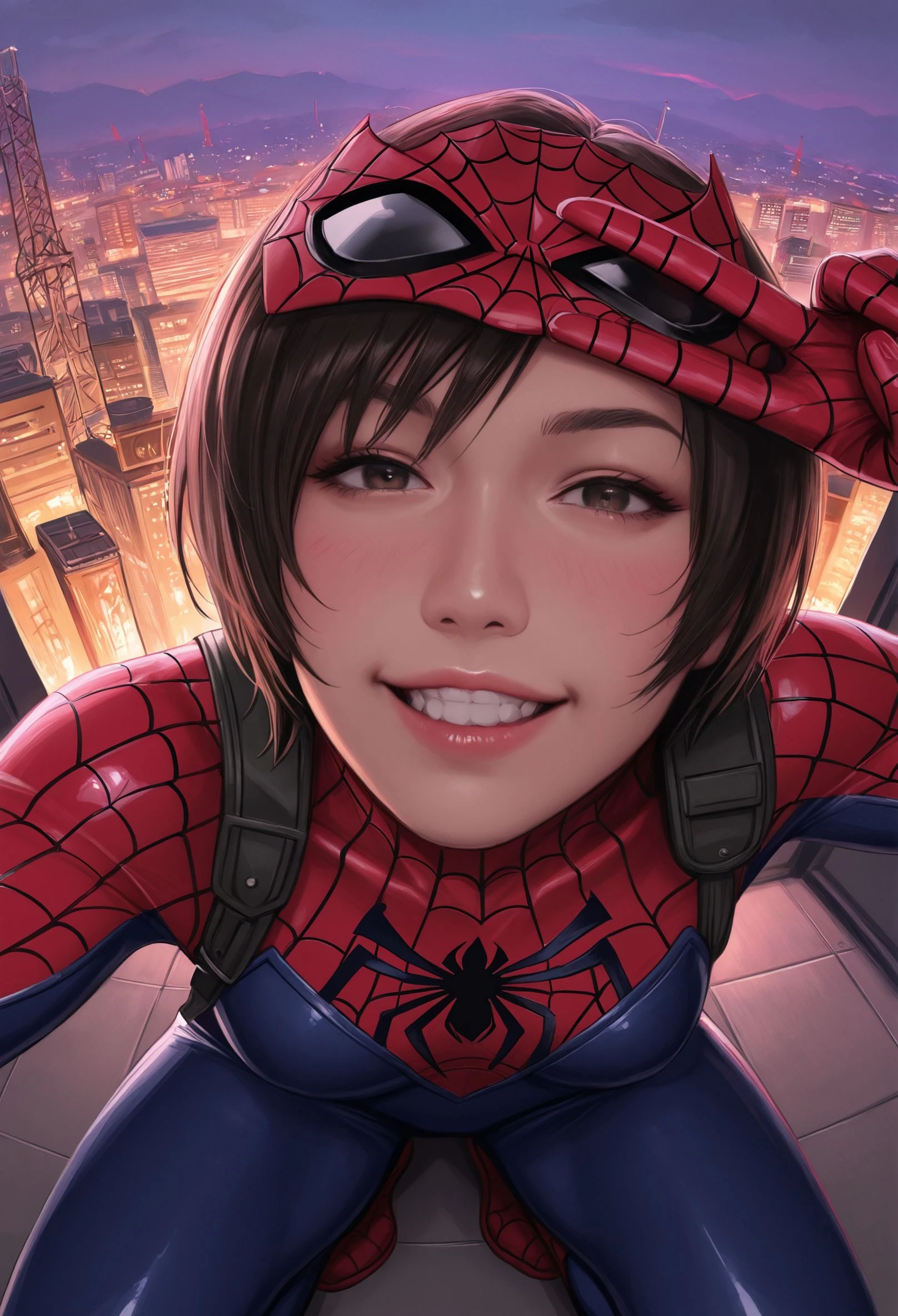 asterpiece, best_quality, amazing quality, newest, add detail, sharp focus, real skin, realistic, 2.8d, gradation grading, color contrast, impressionism, neon colors palette. BREAK, solo, yuffie (/final fantasy)/, face reveal, catwalk of a radio tower, (spider-man suit), cityscape, own hand on mask removed, (lifts spider-man mask off her head:1.5), peace sign, selfie, showing her face, squatting unmasked, smiling face, teeth, grin, from above, rating_safe