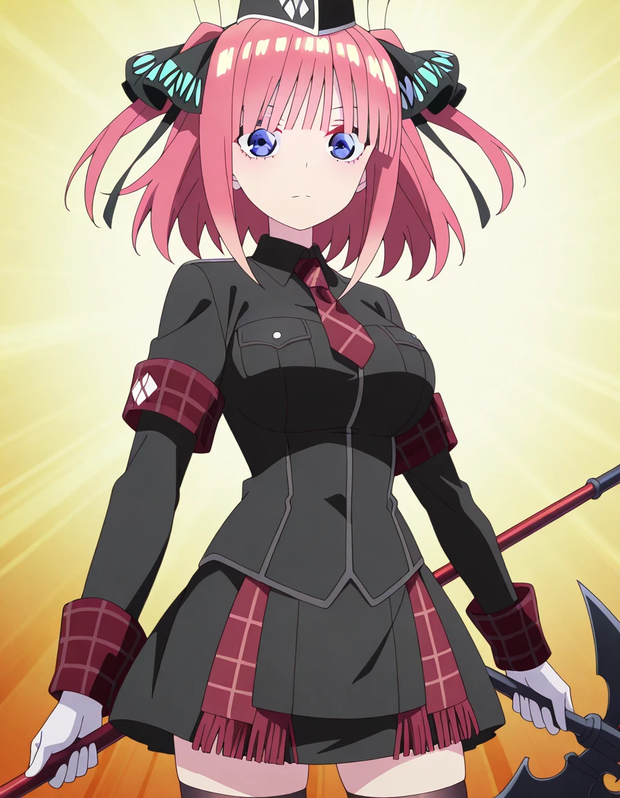 masterpiece, best quality, amazing quality,, <lora:nino-nakano-s2-illustriousxl-lora-nochekaiser:1>, nino nakano, short hair, bangs, blue eyes, hair ornament, hair ribbon, pink hair, blunt bangs, two side up, butterfly hair ornament, large breasts, anime screencap, <lora:healer-u-armor-illustriousxl-lora-nochekaiser:1>, healer u armor, garrison cap, gloves, hat, healer u (armor), military, military uniform, necktie, nurse, skirt, thighhighs, white gloves, zettai ryouiki, plaid,, <lora:dynamic-pose-illustriousxl-lora-nochekaiser:1>, dynamic pose, holding weapon, weapon, polearm, holding polearm, holding, cowboy shot, expressionless, , ,