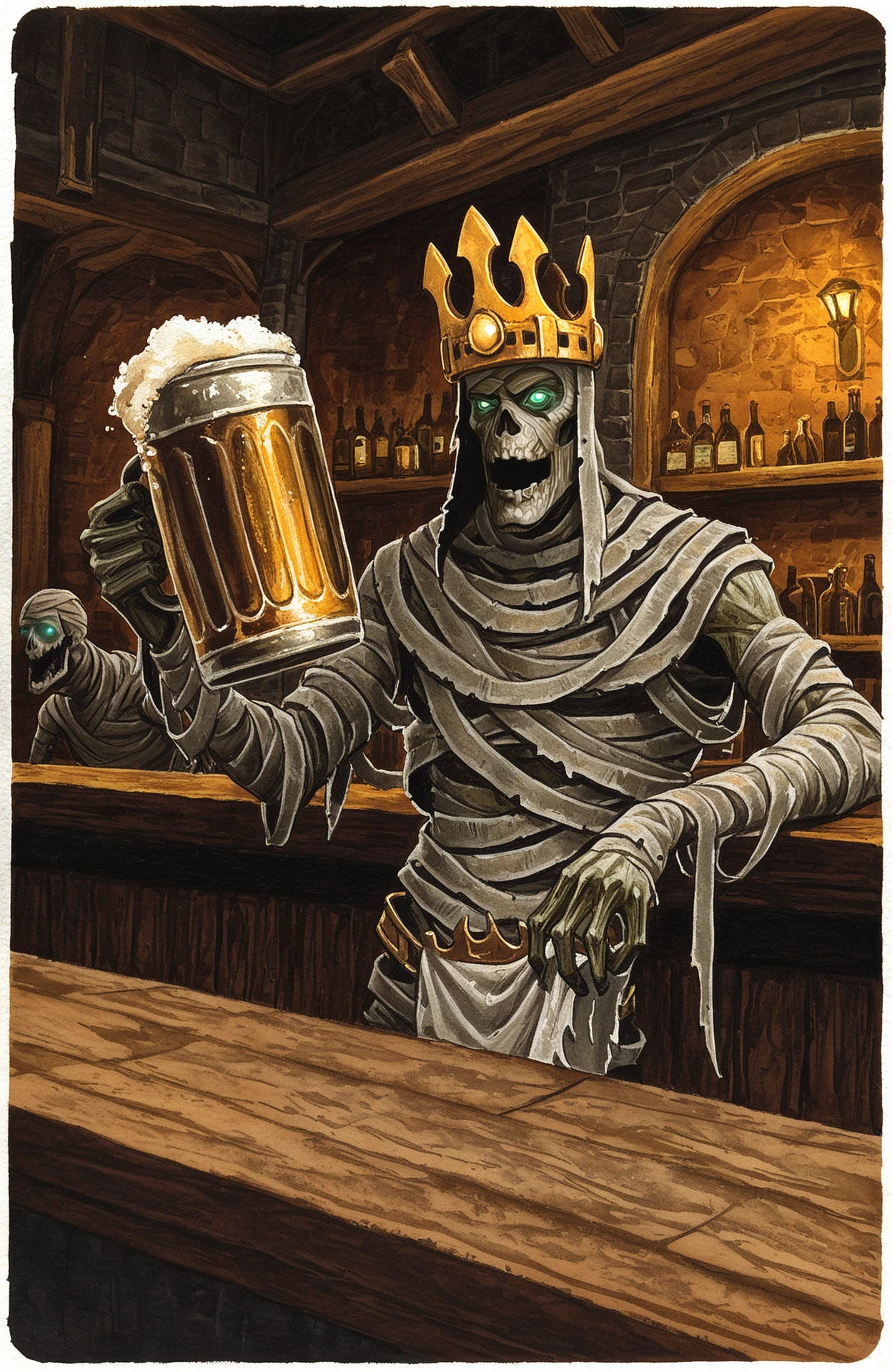 painting \(medium\), 1boy, undead mummy, wrapped with white cloth, glowing eyes, no mouth, wearing iron crown, dark surroundings, in a pub, holding beer mug, <lora:Warhammer Tombkings Lycoris Illustrious 0.1:0.8>