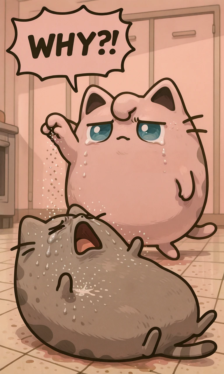 embedding:IllusP0s, pusheen, smile, standing, sprinkling salt, 2others, no humans, open mouth, crying, jigglypuff_\(pokemon\), laying, WHY?!, speech bubble,<lora:sprinkling salt_illustrious.safetensors:1.0:1.0> <lora:PusheenIXL.safetensors:0.8:0.8> <lora:why_illustrious.safetensors:1:1>