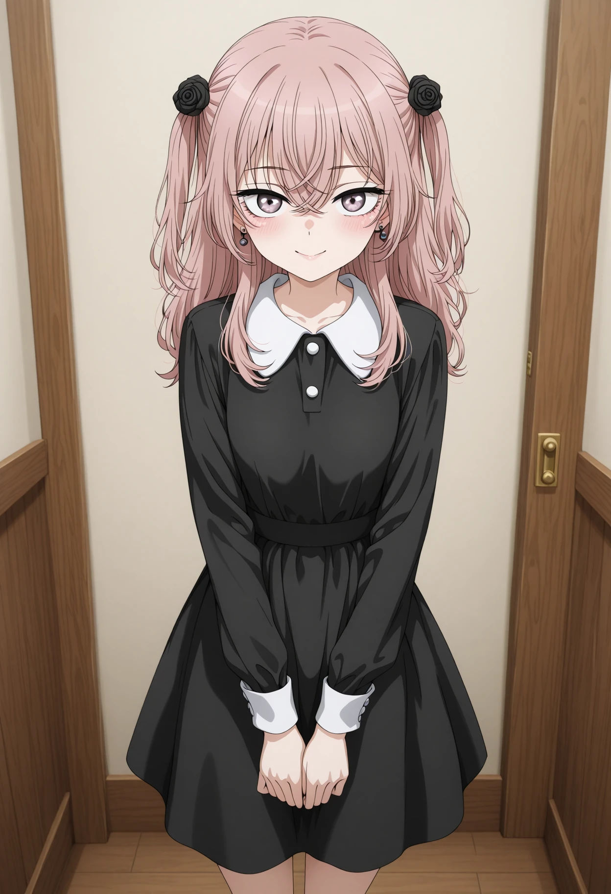 masterpiece, best quality, amazing quality, 1girl, solo, makeup, perspective, general, looking at viewer, dynamic angle, cowboy shot, smile, boutique, indoors, fancy, blush, lovely, posing, looking at viewer, <lora:sajuna-inui-s1-illustriousxl-lora-nochekaiser:1>, sajuna inui, inui sajuna, long hair, bangs, hair ornament, hair between eyes, pink hair, pink eyes, two side up, crossed bangs, black flower, black rose, mature female, small breasts, <lora:Showa_Retro_Black_Dress:1>, Showa_Retro_Black_Dress, dress, black dress, long sleeves, collared dress, white buttons, jewelry, earrings, shoes, black footwear, <lora:wai-Rectified-s:1>, <lora:prompt_extend:1>