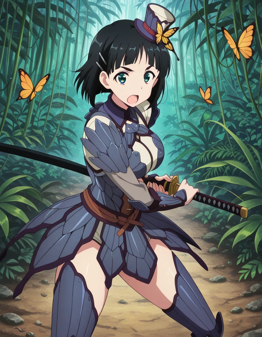 masterpiece, best quality, amazing quality,, <lora:suguha-kirigaya-s1-illustriousxl-lora-nochekaiser:1>, suguha kirigaya, short hair, black hair, hair ornament, hairclip, green eyes, mature female, breasts, anime screencap, <lora:bnahabra-armor-illustriousxl-lora-nochekaiser:1>, bnahabra armor, bnahabra (armor), hat, mini hat, mini top hat, top hat, butterflies, jungle, thighhighs,, <lora:battoujutsu-stance-illustriousxl-lora-nochekaiser:1>, battoujutsu stance, looking at viewer, holding, weapon, sword, holding weapon, holding sword, standing, katana, sheath, sheathed, fighting stance, ready to draw, surprised, open mouth, ,