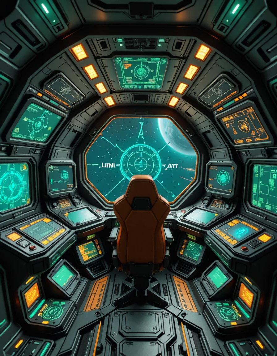The interior of the cockpit of Samus Aranâs gunship, designed with sleek, futuristic curves and a functional, combat-ready aesthetic. Dim ambient lighting glows in shades of green and amber, illuminating the intricate array of holographic displays, navigation interfaces, and weapon control panels. The pilot seat is centered and reinforced, surrounded by layered control consoles, glowing alien script, and a panoramic view of deep space through a reinforced, angular viewport. Subtle mechanical hums and pulsing energy conduits run through the walls, creating an atmosphere of silent readiness and high-tech isolation within this iconic bounty hunterâs vessel.ship c0ckp1t, <lora:ship_c0ckp1t-i:1>, Masterpiece,best quality,hi res,8k,hi res,8k,award winning,(sharp focus, intricate, highly detailed),