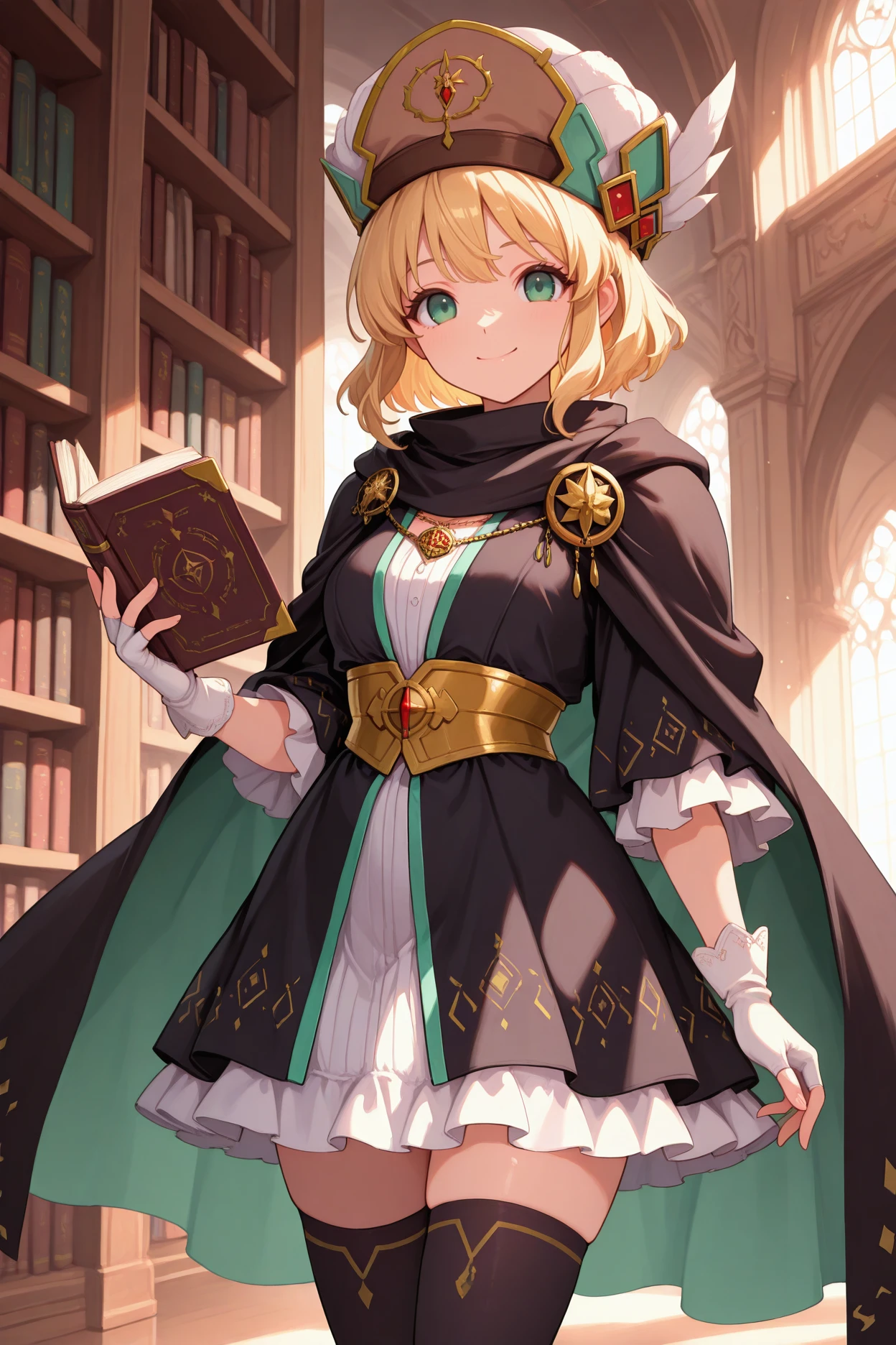 masterpiece, best quality, 1girl, solo, <lora:fenanna-illu-nvwls-v1-000006:1> msnna, blonde hair, short hair, green eyes, brown hat, black cloak, black dress, layered dress, frilled dress, gold underbust, fingerless gloves, white gloves, black thighhighs, cowboy shot, holding book, library, indoors, smile, looking at viewer