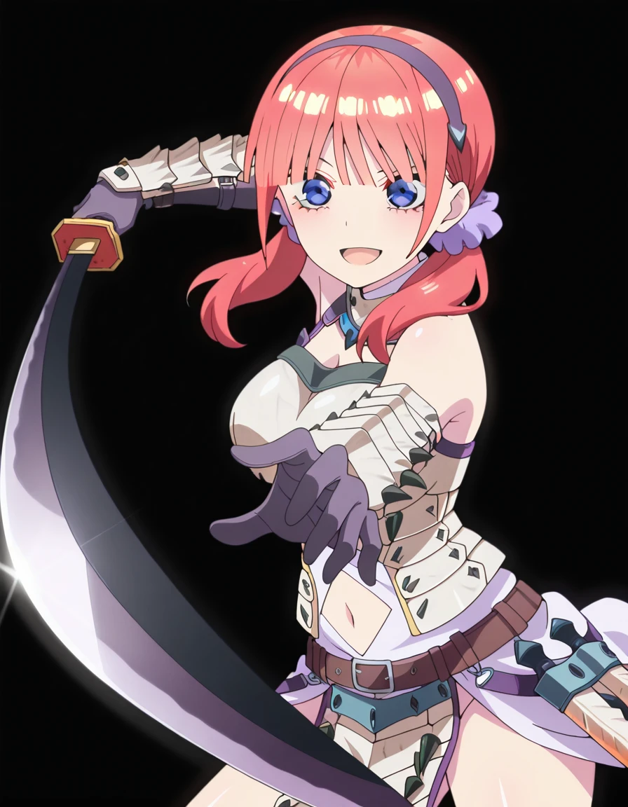 masterpiece, best quality, amazing quality,, <lora:nino-nakano-honeymoon-illustriousxl-lora-nochekaiser:1>, nino nakano, bangs, blue eyes, hair ornament, twintails, pink hair, blunt bangs, medium hair, scrunchie, eyebrows hidden by hair, purple scrunchie, mature female, breasts, anime screencap, <lora:barioth-armor-illustriousxl-lora-nochekaiser:1>, barioth armor, armor, barioth (armor), elbow gloves, gloves, hairband, headgear, bare shoulders, navel, navel cutout, mane, fur, white hair, head band, spiky hair, belt,, <lora:gatotsu-stance-illustriousxl-lora-nochekaiser:1>, gatotsu stance, weapon, sword, katana, holding weapon, holding, holding sword, foreshortening,, smile, open mouth, ,