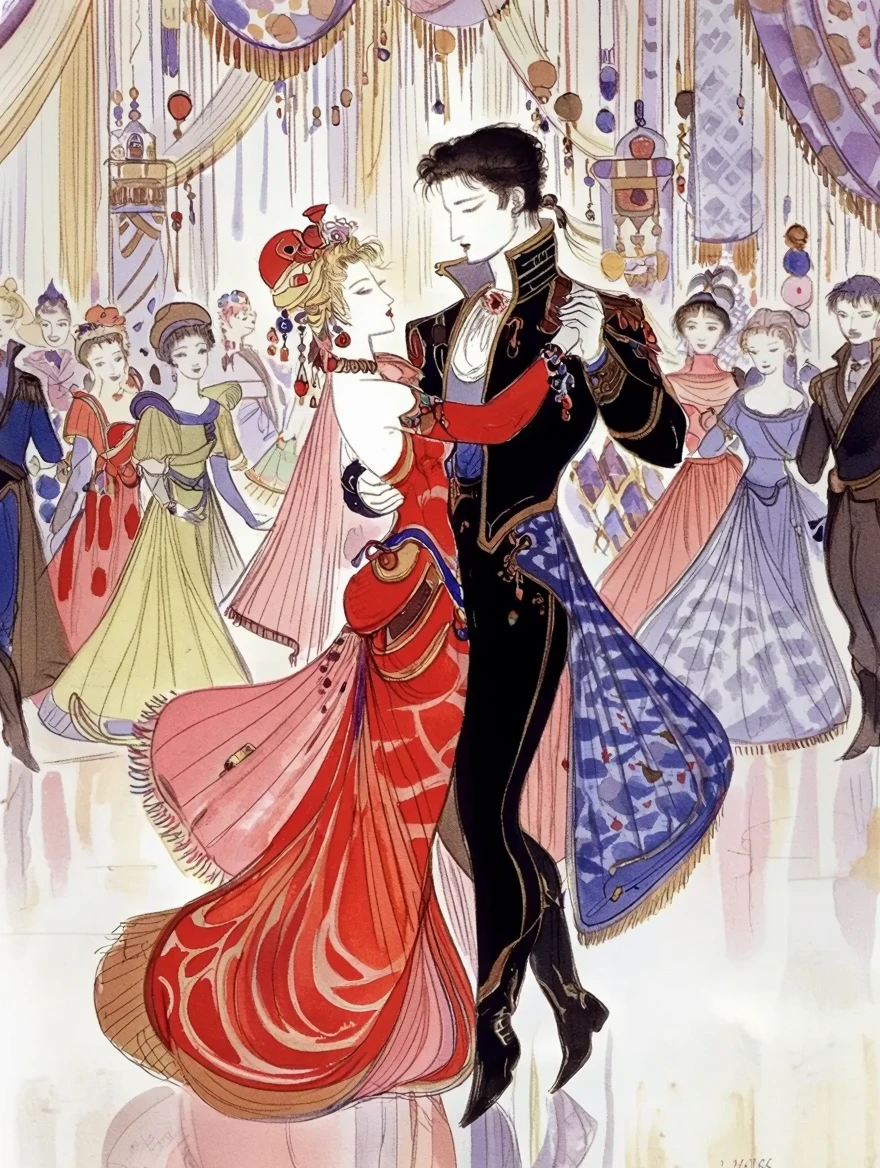 Style of Yoshitaka Amano. A couple dancing in an elaborate ballroom. Everyone is dressed in elaborate fabrics. In the background people watch the couple dance. Soft watercolor.