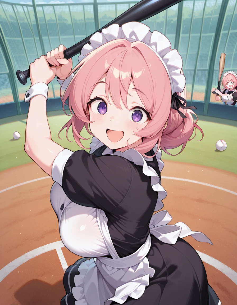 masterpiece, best quality, amazing quality,, <lora:CivChan:1>, CivChan, purple eyes, pink hair, mature female, breasts, maid headdress, , <lora:batting-stance-illustriousxl-lora-nochekaiser:1>, batting stance, looking at viewer, smile, open mouth, baseball bat, holding baseball bat, , ,