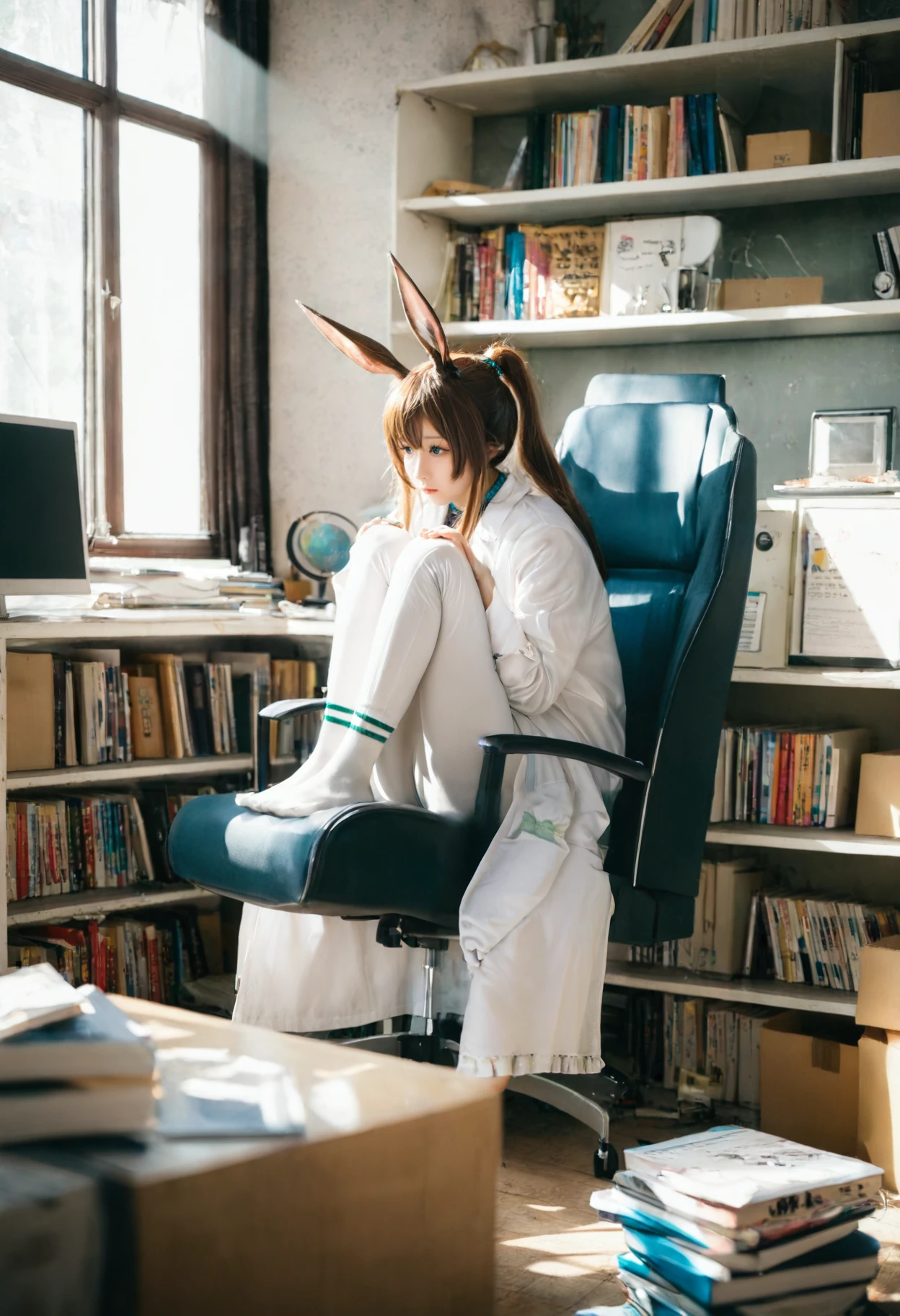 scenery,realistic,amiya \(arknights\),1girl,solo,long hair,shirt,brown hair,long sleeves,animal ears,closed mouth,sitting,pants,indoors,blurry,coat,book,window,depth of field,horse ears,chair,sunlight,box,knees up,desk,white pants,blurry foreground,white coat,lab coat,bookshelf,on chair,computer,wide shot,monitor,shelf,cardboard box,book stack,swivel chair,office chair,ladder,globe,hazy light,dim,high contrast,cinematic angle,A woman in a lab coat sits at a desk,surrounded by cluttered shelves filled with various items. Sunlight streams through a window,casting a warm glow on her workspace.