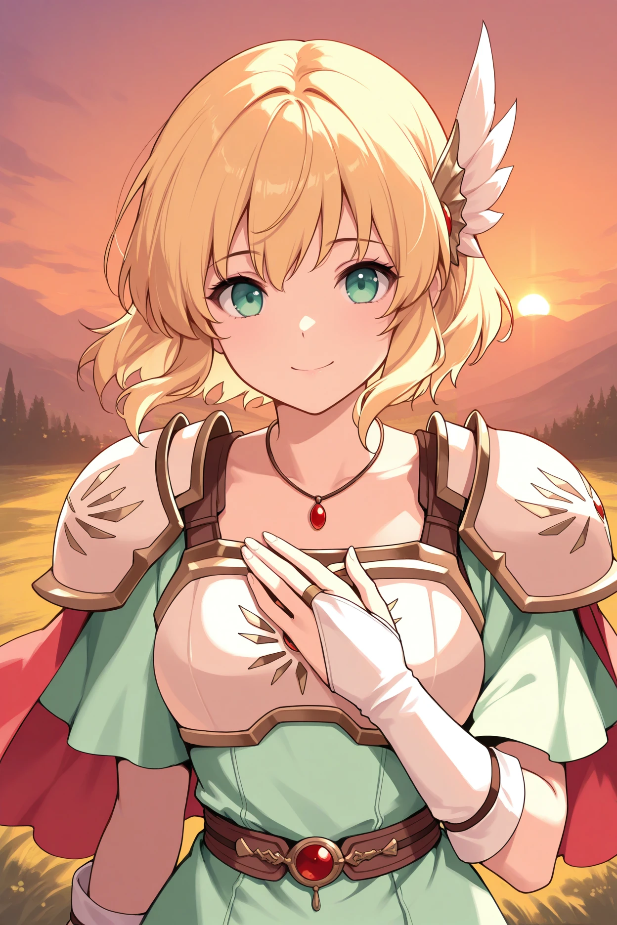 masterpiece, best quality, 1girl, solo, <lora:fenanna-illu-nvwls-v1-000006:1> fenna, blonde hair, short hair, green eyes, wing hair ornament, white armor, shoulder armor, red capelet, necklace, green dress, brown belt, white gloves, bridal gauntlets, fingerless gloves, upper body, sunset, mountains, looking at viewer, happy, hand on own chest, smile