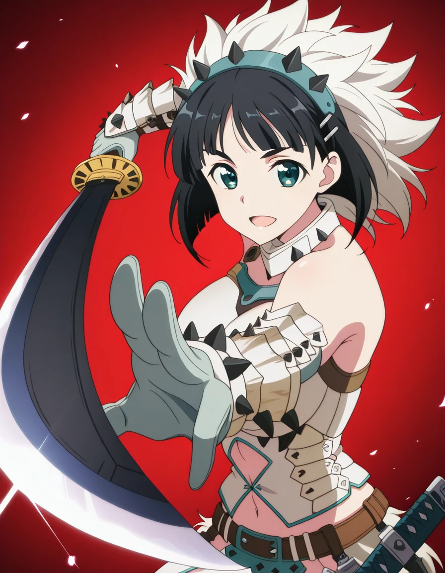 masterpiece, best quality, amazing quality,, <lora:suguha-kirigaya-s1-illustriousxl-lora-nochekaiser:1>, suguha kirigaya, short hair, black hair, hair ornament, hairclip, green eyes, mature female, breasts, anime screencap, <lora:barioth-armor-illustriousxl-lora-nochekaiser:1>, barioth armor, armor, barioth (armor), elbow gloves, gloves, hairband, headgear, bare shoulders, navel, navel cutout, mane, fur, white hair, head band, spiky hair, belt,, <lora:gatotsu-stance-illustriousxl-lora-nochekaiser:1>, gatotsu stance, weapon, sword, katana, holding weapon, holding, holding sword, foreshortening,, smile, open mouth, ,