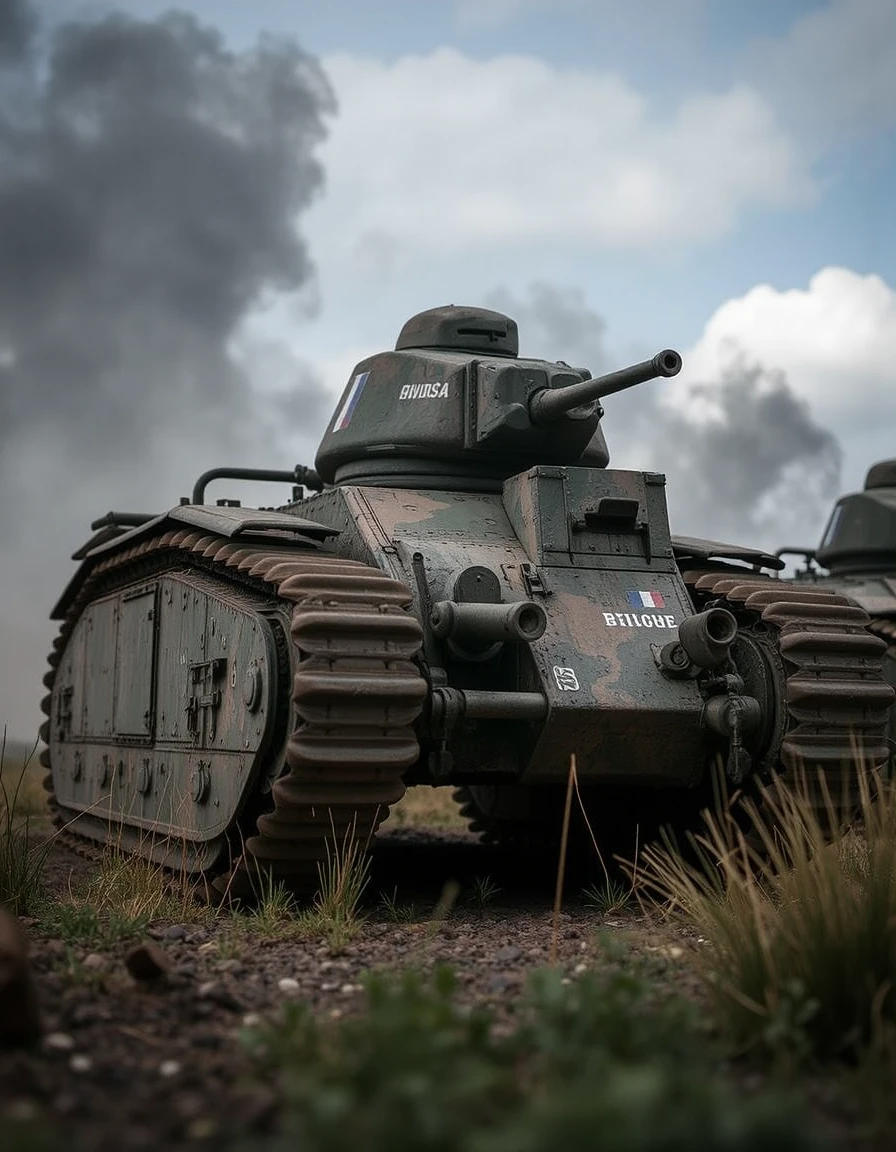 sketch of the battlefield, Masterpiece, Top quality, World War II (1.5), Harsh atmosphere of the battlefield (1.4), , Exquisite weapons (1.0), Atmospheric lighting (1.1), Cinematic composition (1.2), Historical accuracy (1.4), <lora:b1bis-000012:1>
French WWII tank, B1bis.It has a hull, a turret, and two guns.from front.low angle.Caterpillar tracks.Camouflage paint.French flag painted on the body.