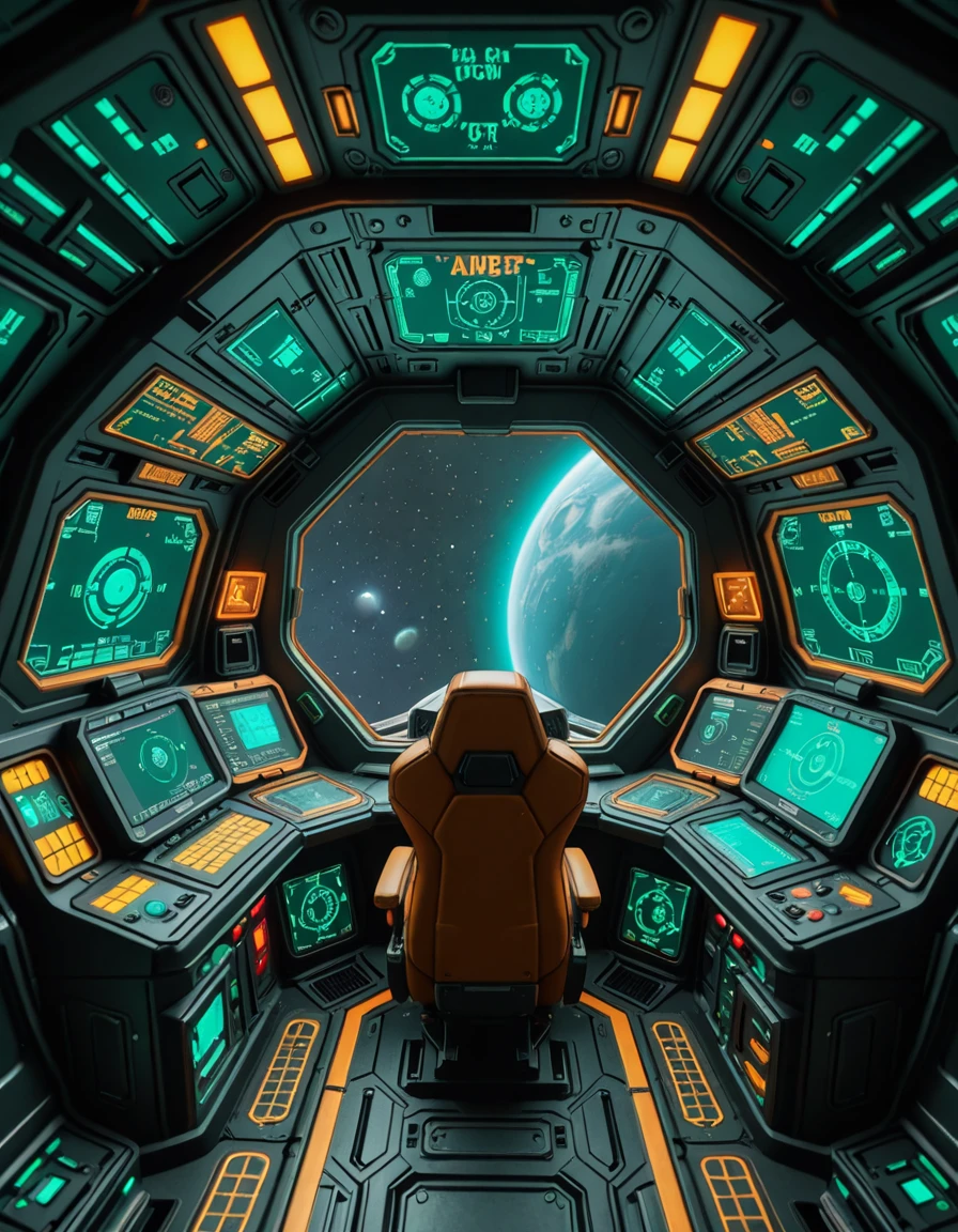 The interior of the cockpit of Samus Aranâs gunship, designed with sleek, futuristic curves and a functional, combat-ready aesthetic. Dim ambient lighting glows in shades of green and amber, illuminating the intricate array of holographic displays, navigation interfaces, and weapon control panels. The pilot seat is centered and reinforced, surrounded by layered control consoles, glowing alien script, and a panoramic view of deep space through a reinforced, angular viewport. Subtle mechanical hums and pulsing energy conduits run through the walls, creating an atmosphere of silent readiness and high-tech isolation within this iconic bounty hunterâs vessel.ship c0ckp1t, <lora:ship_c0ckp1t-i:1>, Masterpiece,best quality,hi res,8k,hi res,8k,award winning,(sharp focus, intricate, highly detailed),