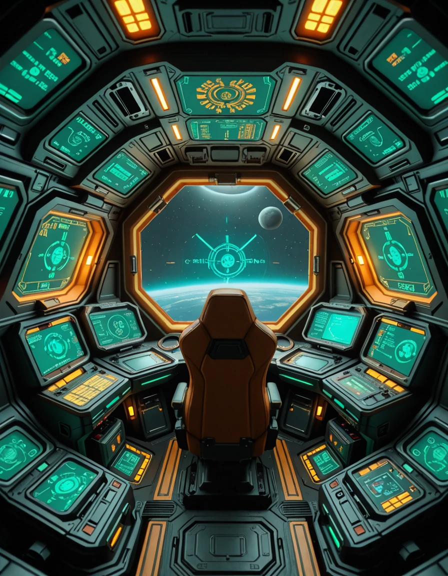 The interior of the cockpit of Samus Aranâs gunship, designed with sleek, futuristic curves and a functional, combat-ready aesthetic. Dim ambient lighting glows in shades of green and amber, illuminating the intricate array of holographic displays, navigation interfaces, and weapon control panels. The pilot seat is centered and reinforced, surrounded by layered control consoles, glowing alien script, and a panoramic view of deep space through a reinforced, angular viewport. Subtle mechanical hums and pulsing energy conduits run through the walls, creating an atmosphere of silent readiness and high-tech isolation within this iconic bounty hunterâs vessel.ship c0ckp1t, <lora:ship_c0ckp1t-i:1>, Masterpiece,best quality,hi res,8k,hi res,8k,award winning,(sharp focus, intricate, highly detailed),