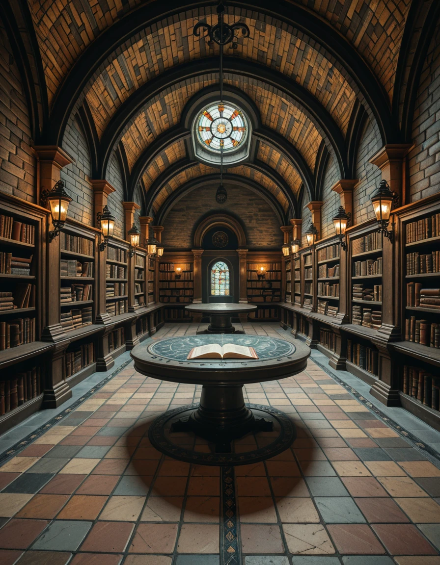 A hidden underground archive beneath a centuries-old library. The room is dimly lit by wrought iron lamps mounted on stone columns, casting flickering shadows across ancient brick walls. Long, vaulted ceilings arch overhead, and the scent of parchment and dust fills the air. Endless rows of oak shelves stretch into the distance, each packed with leather-bound tomes, scrolls sealed with wax, and mysterious artifacts locked behind glass cases. An intricate mosaic of alchemical symbols decorates the tiled floor, and in the center of the space, a circular reading table sits under a skylight made of stained glass, filtering colored light into the chamber. The ambiance is hushed, sacred, and steeped in secrets.hidden underground 4rch1v3, <lora:hidden_underground_4rch1v3-i:1>, Masterpiece,best quality,hi res,8k,hi res,8k,award winning,(sharp focus, intricate, highly detailed),