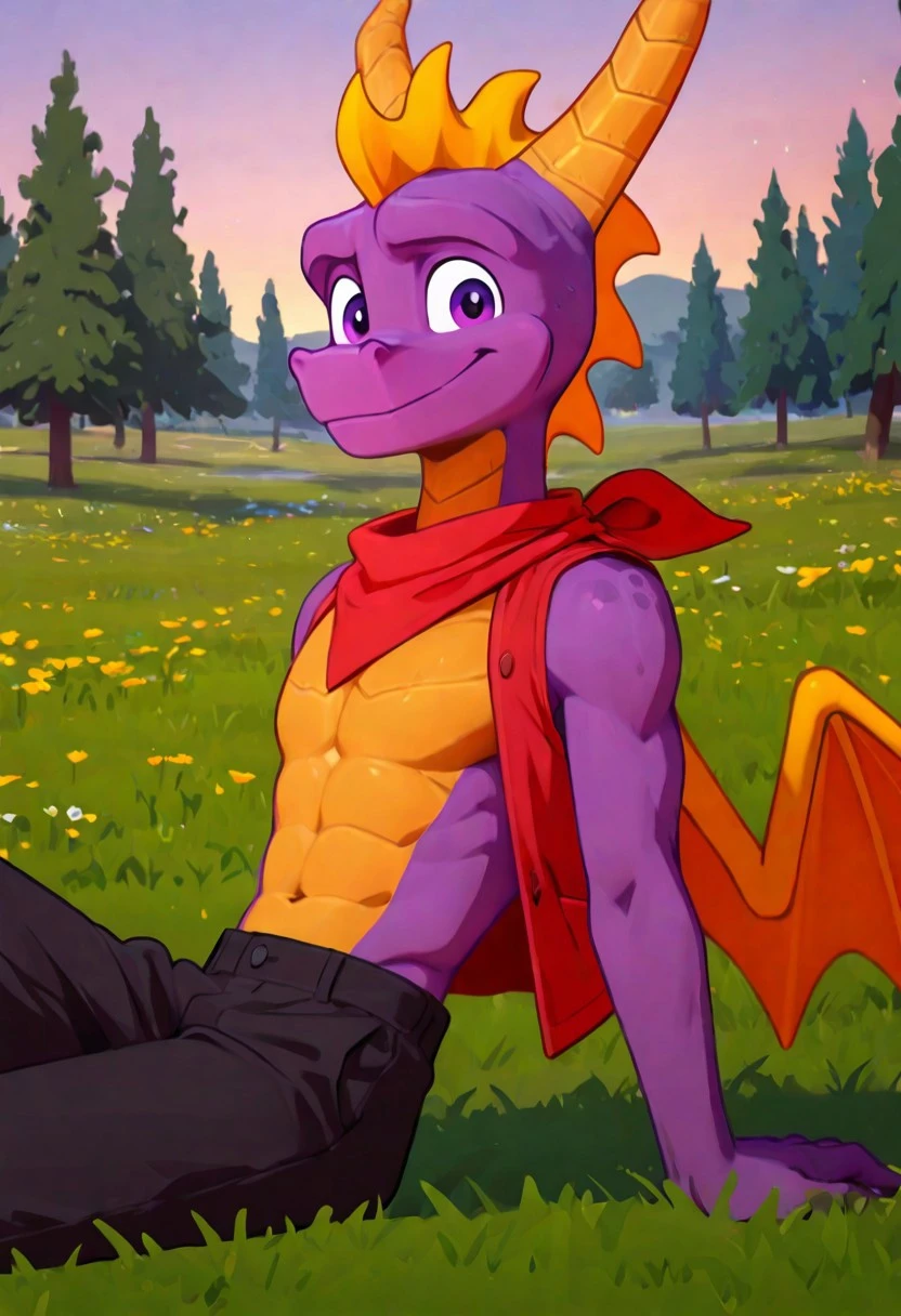 masterpiece, best quality, amazing quality, very aesthetic, absurdres, newest, high quality, detailed, Spyro, 1boy, solo male, dragon, anthro, mature male, purple eyes, horns, athletic build, purple skin, yellow underbelly, abs, slender build, red neckerchief, red orange vest, black pants, half body, looking at viewer, smiling, outdoors, volumetric lighting, sunny, sitting on ground, meadow, trees, Flatline, Flat vector illustration