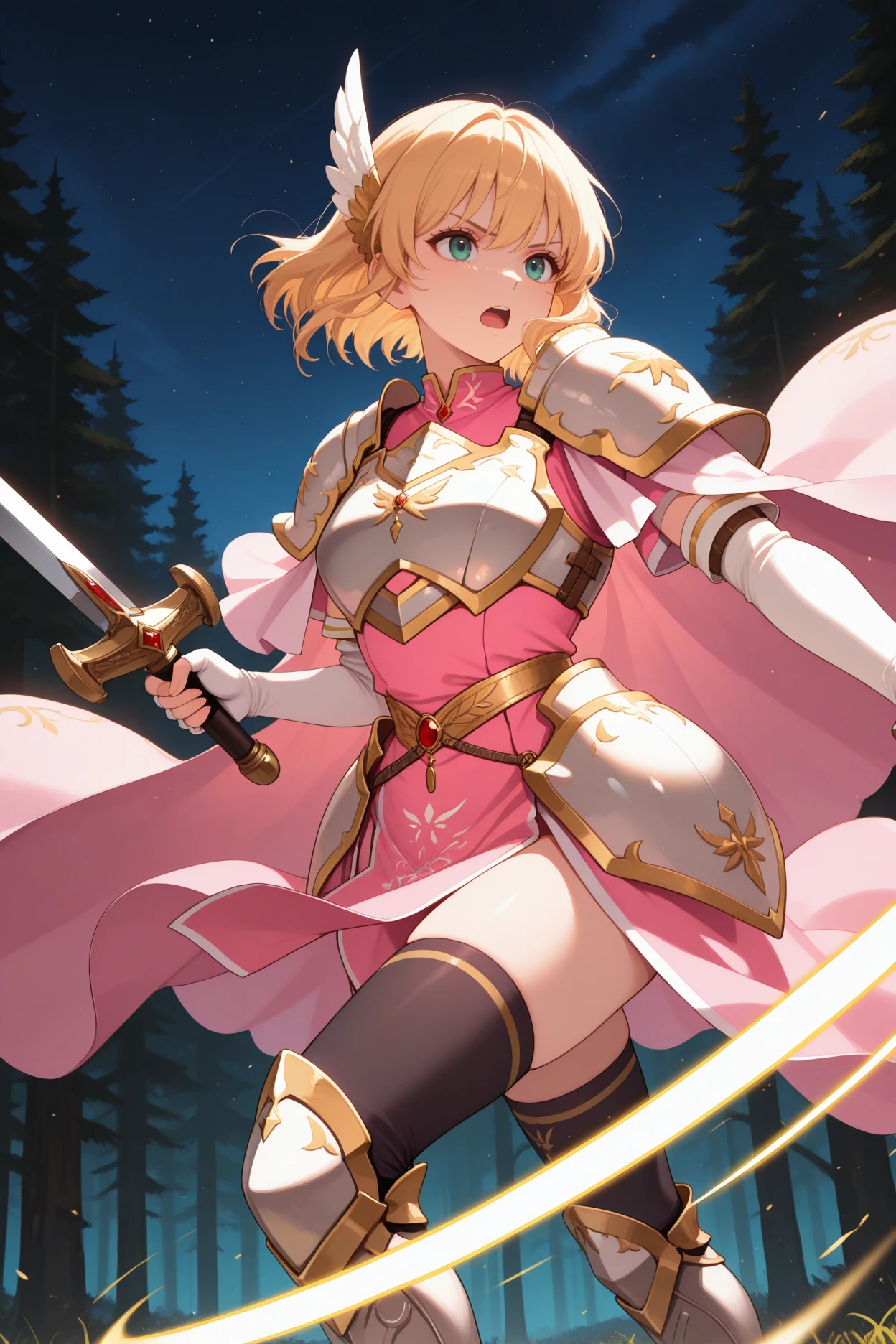 masterpiece, best quality, 1girl, solo, <lora:fenanna-illu-nvwls-v1-000006:1> lgdnna, blonde hair, short hair, green eyes, wing hair ornament, white pauldrons, armored dress, pink cape, pink dress, gold trim, pelvic curtain, breastplate, white gloves, elbow gloves, fingerless gloves, black thighhighs, armored boots, wielding sword, open mouth, serious, dynamic pose, night sky, forest