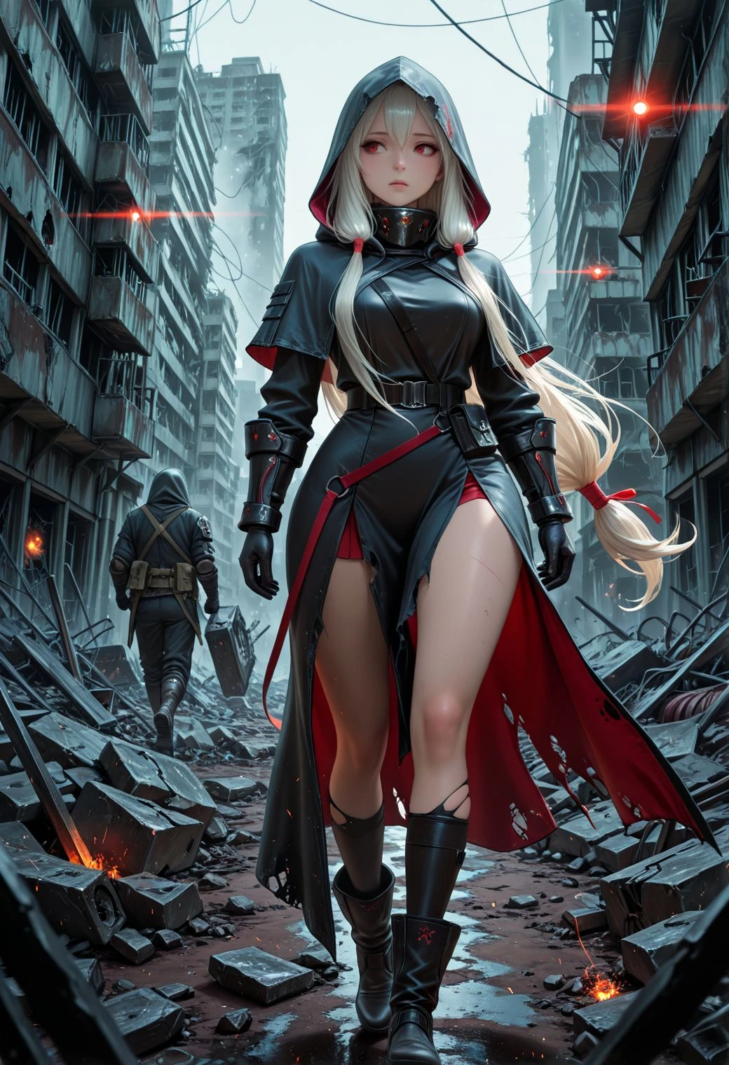 SmoothNoob_Quality, 1girl, red eyes, dark clothes, tied long hair, hood, walking, war-torn urban landscape, post-apocalypse, depth of field, (scenery, volumetric lighting)