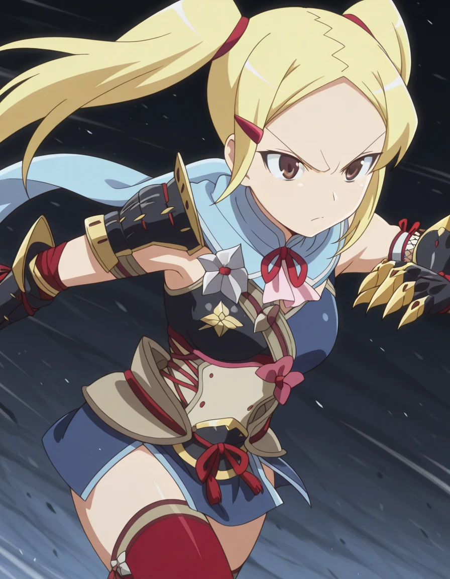 masterpiece, best quality, amazing quality,, <lora:mio-aoyama-s1s2-illustriousxl-lora-nochekaiser:1>, mio aoyama, blonde hair, hair ornament, twintails, brown eyes, hairclip, mature female, small breasts, anime screencap, <lora:kamura-armor-illustriousxl-lora-nochekaiser:1>, kamura armor, armor, blue scarf, clawed gauntlets, gauntlets, hair ornament, hair ribbon, headband, kamura (armor), red ribbon, red thighhighs, ribbon, scarf, shoulder armor, thighhighs,, <lora:dynamic-pose-illustriousxl-lora-nochekaiser:1>, dynamic pose, fighting stance, cowboy shot, angry, , ,