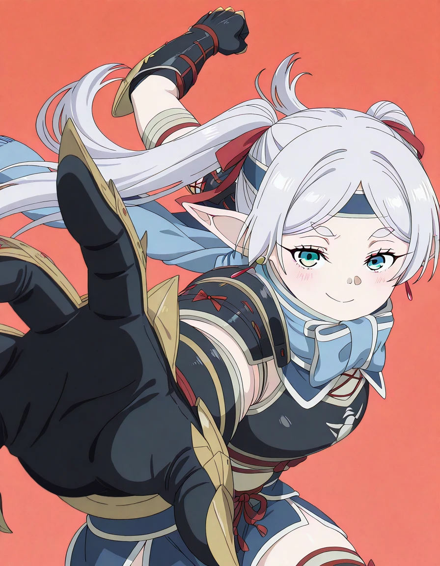 masterpiece, best quality, amazing quality,, <lora:frieren-s1-illustriousxl-lora-nochekaiser:1>, frieren, long hair, twintails, green eyes, grey hair, pointy ears, elf, mature female, small breasts, anime screencap,, <lora:kamura-armor-illustriousxl-lora-nochekaiser:1>, kamura armor, armor, blue scarf, clawed gauntlets, gauntlets, hair ornament, hair ribbon, headband, kamura (armor), red ribbon, red thighhighs, ribbon, scarf, shoulder armor, thighhighs,, <lora:pepe-punch-illustriousxl-lora-nochekaiser:1>, pepe punch, looking at viewer, blush, smile, simple background, closed mouth, clenched fist, foreshortening, punching, incoming punch, incoming attack, angry, open mouth, ,