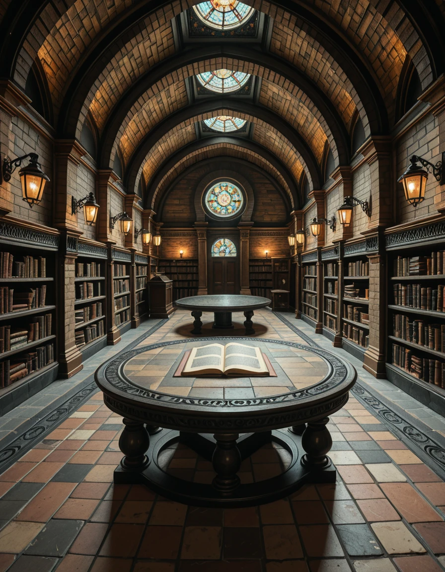 A hidden underground archive beneath a centuries-old library. The room is dimly lit by wrought iron lamps mounted on stone columns, casting flickering shadows across ancient brick walls. Long, vaulted ceilings arch overhead, and the scent of parchment and dust fills the air. Endless rows of oak shelves stretch into the distance, each packed with leather-bound tomes, scrolls sealed with wax, and mysterious artifacts locked behind glass cases. An intricate mosaic of alchemical symbols decorates the tiled floor, and in the center of the space, a circular reading table sits under a skylight made of stained glass, filtering colored light into the chamber. The ambiance is hushed, sacred, and steeped in secrets.hidden underground 4rch1v3, <lora:hidden_underground_4rch1v3-i:1>, Masterpiece,best quality,hi res,8k,hi res,8k,award winning,(sharp focus, intricate, highly detailed),