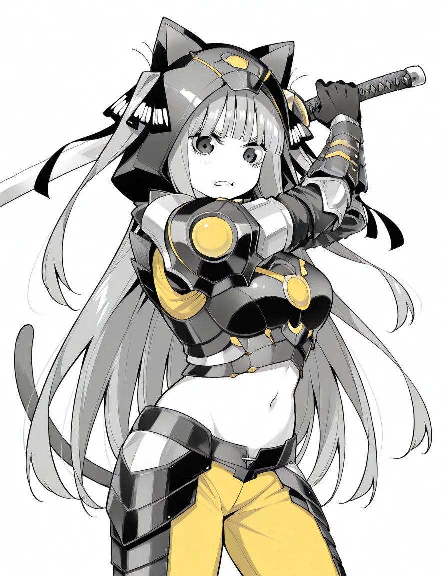 masterpiece, best quality, amazing quality,, <lora:nino-nakano-manga-illustriousxl-lora-nochekaiser:1>, nino nakano, nakano nino, long hair, bangs, hair ornament, hair ribbon, blunt bangs, two side up, butterfly hair ornament, monochrome, greyscale, mature female, breasts,, <lora:almudron-armor-illustriousxl-lora-nochekaiser:1>, almudron armor, almudron (armor), animal ear hood, black gloves, black hood, brown tail, crop top, gloves, hood, hood up, midriff, navel, tail,, <lora:sword-guard-stance-illustriousxl-lora-nochekaiser:1>, sword guard stance, sword, weapon, solo, katana, holding, holding weapon, holding sword, looking at viewer, jumpsuit, yellow jumpsuit, high collar, cowboy shot, pants,, angry, , ,