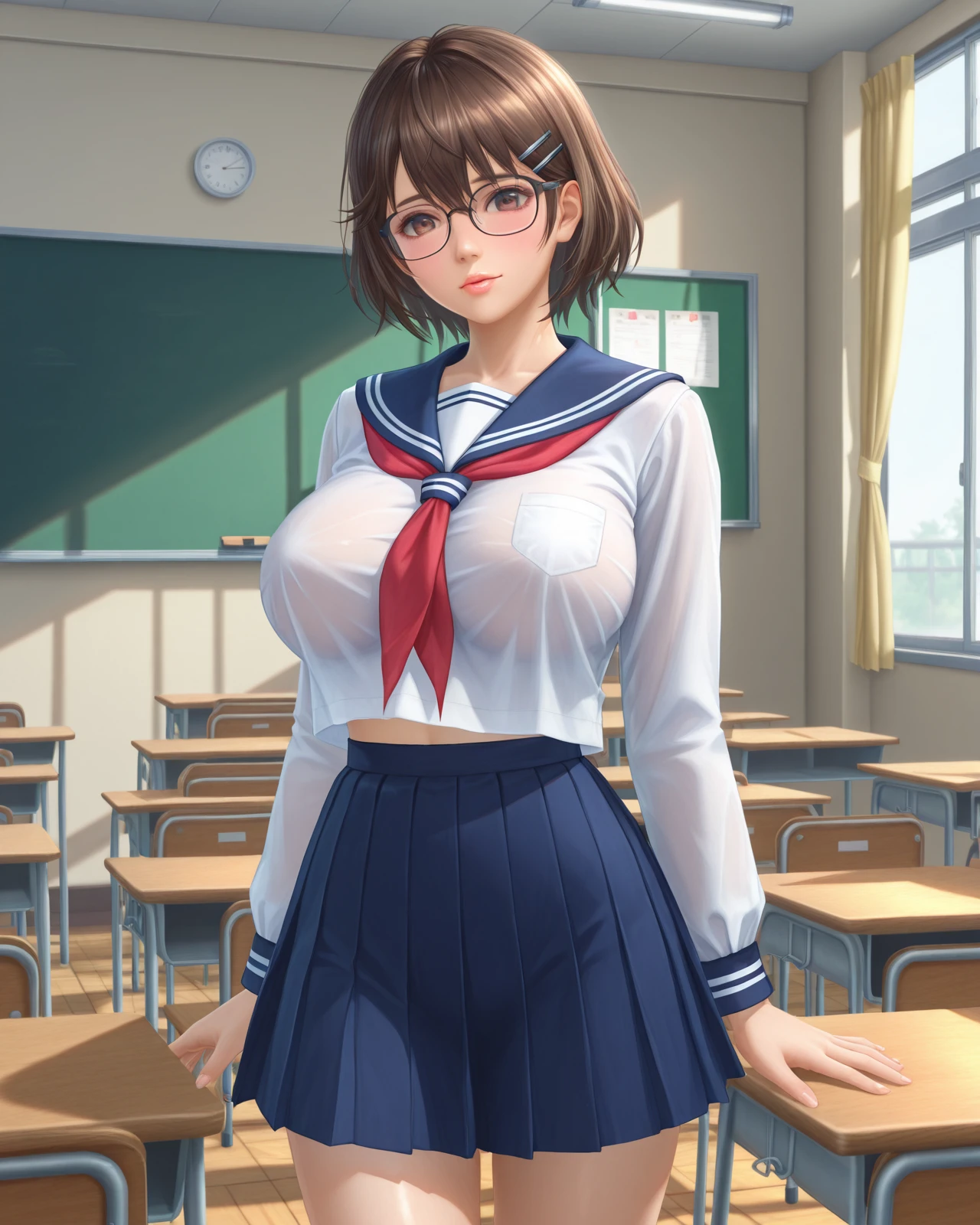tsukushi \(doax vv\),short hair,brown eyes,lips,large breasts,hairpin,glasses,cowboy shot,serafuku,classroom,