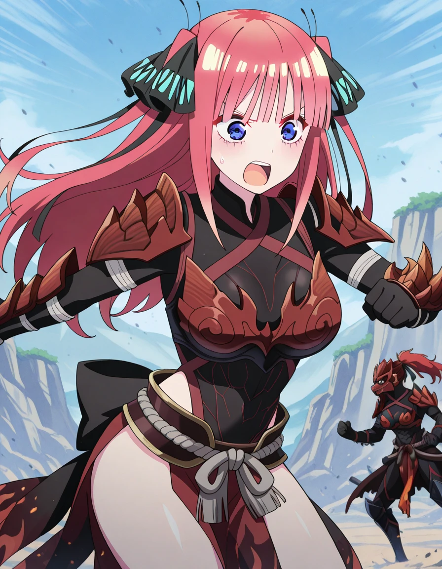 masterpiece, best quality, amazing quality,, <lora:nino-nakano-s2-illustriousxl-lora-nochekaiser:1>, nino nakano, long hair, bangs, hair ornament, hair ribbon, pink hair, blunt bangs, two side up, butterfly hair ornament, large breasts, animes screencap, <lora:odogaron-armor-illustriousxl-lora-nochekaiser:1>, odogaron armor, armor, mask, mouth mask, odogaron (armor), pauldrons, shoulder armor, side slit, vambraces, waist cape,, <lora:dynamic-pose-illustriousxl-lora-nochekaiser:1>, dynamic pose, fighting, cowboy shot, angry, open mouth, ,