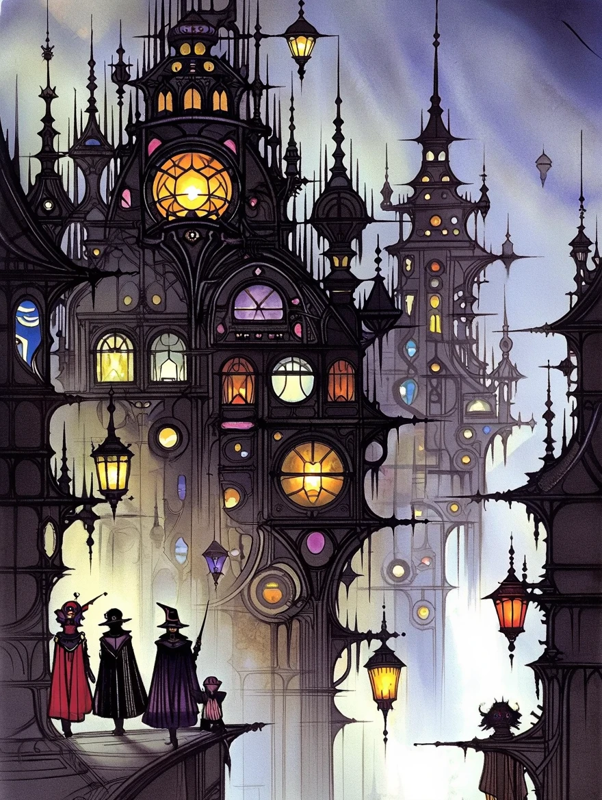 Style of Yoshitaka Amano. Fantasy steampunk illustration. Vibrant steampunk city. Lanterns and spires lit with an etheral glow. Colorfully clothed people contrast the drab colored buildings.