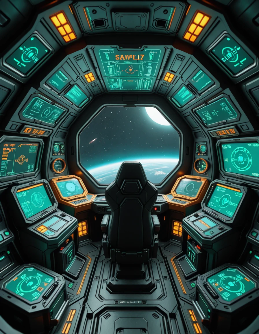 The interior of the cockpit of Samus Aranâs gunship, designed with sleek, futuristic curves and a functional, combat-ready aesthetic. Dim ambient lighting glows in shades of green and amber, illuminating the intricate array of holographic displays, navigation interfaces, and weapon control panels. The pilot seat is centered and reinforced, surrounded by layered control consoles, glowing alien script, and a panoramic view of deep space through a reinforced, angular viewport. Subtle mechanical hums and pulsing energy conduits run through the walls, creating an atmosphere of silent readiness and high-tech isolation within this iconic bounty hunterâs vessel.ship c0ckp1t, <lora:ship_c0ckp1t-i:1>, Masterpiece,best quality,hi res,8k,hi res,8k,award winning,(sharp focus, intricate, highly detailed),