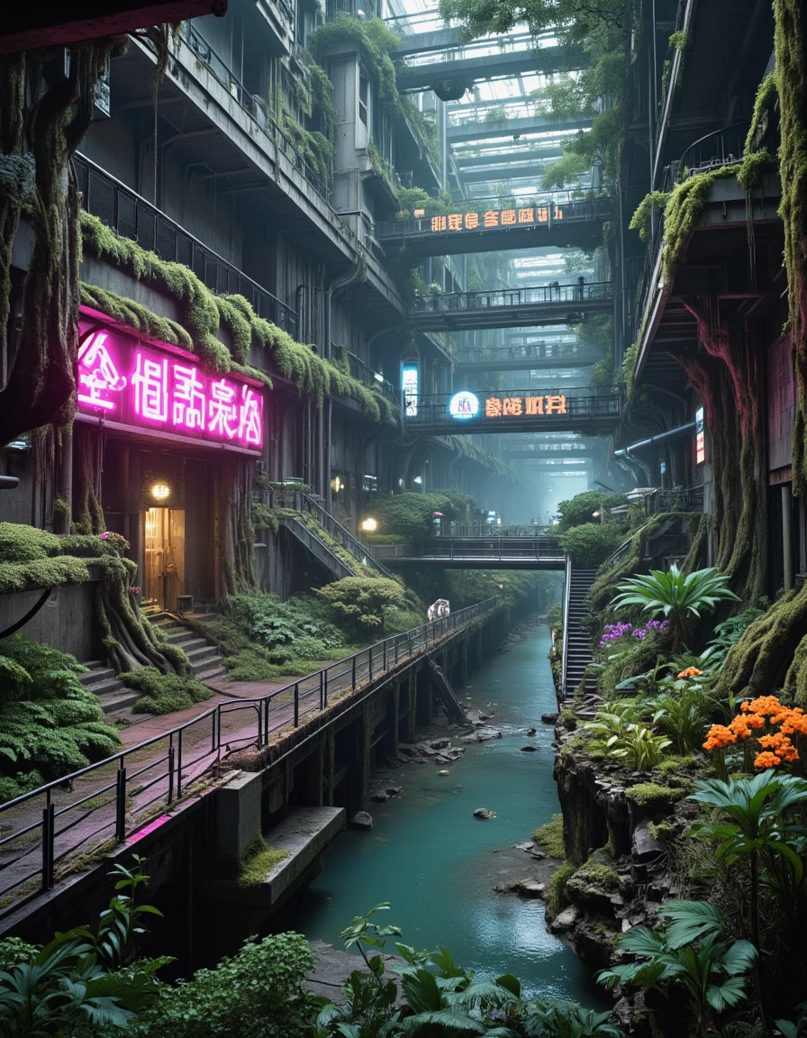 <lora:SWL_Underground1flux:1> photo of a cinematic futuristic underground arcology transformed into a lush, post-urban Eden, viewed from a mid-angle perspective showing a deep corridor fading into luminous depth. Massive industrial walls, overgrown with climbing moss and jungle flora, are adorned with glowing neon signs in stylized Asian typography, casting magenta and cyan hues across the misty scene. A clear canal flows through the scene, its surface reflecting colorful lights and the shadows of hanging vines. In the foreground, a crumbling metallic pedestrian bridge spans the water, entwined with roots and covered in emerald moss. To the right, staircases carved into rusted platforms lead upward into layers of suspended walkways and terraces. Bright patches of orange flowers and purple blossoms pop against the verdant green, forming wild gardens reclaiming concrete. Above, layers of walkways and pipes stretch into pale turquoise atmospheric haze, illuminated by filtered light cascading from broken ceiling panels high above. Small trees sprout from balconies, symbolizing natureâs quiet victory. The ambiance is serene yet haunting, echoing with the quiet hum of abandoned machines and distant water trickles, an intimate blend of sci-fi decay and flourishing wilderness.