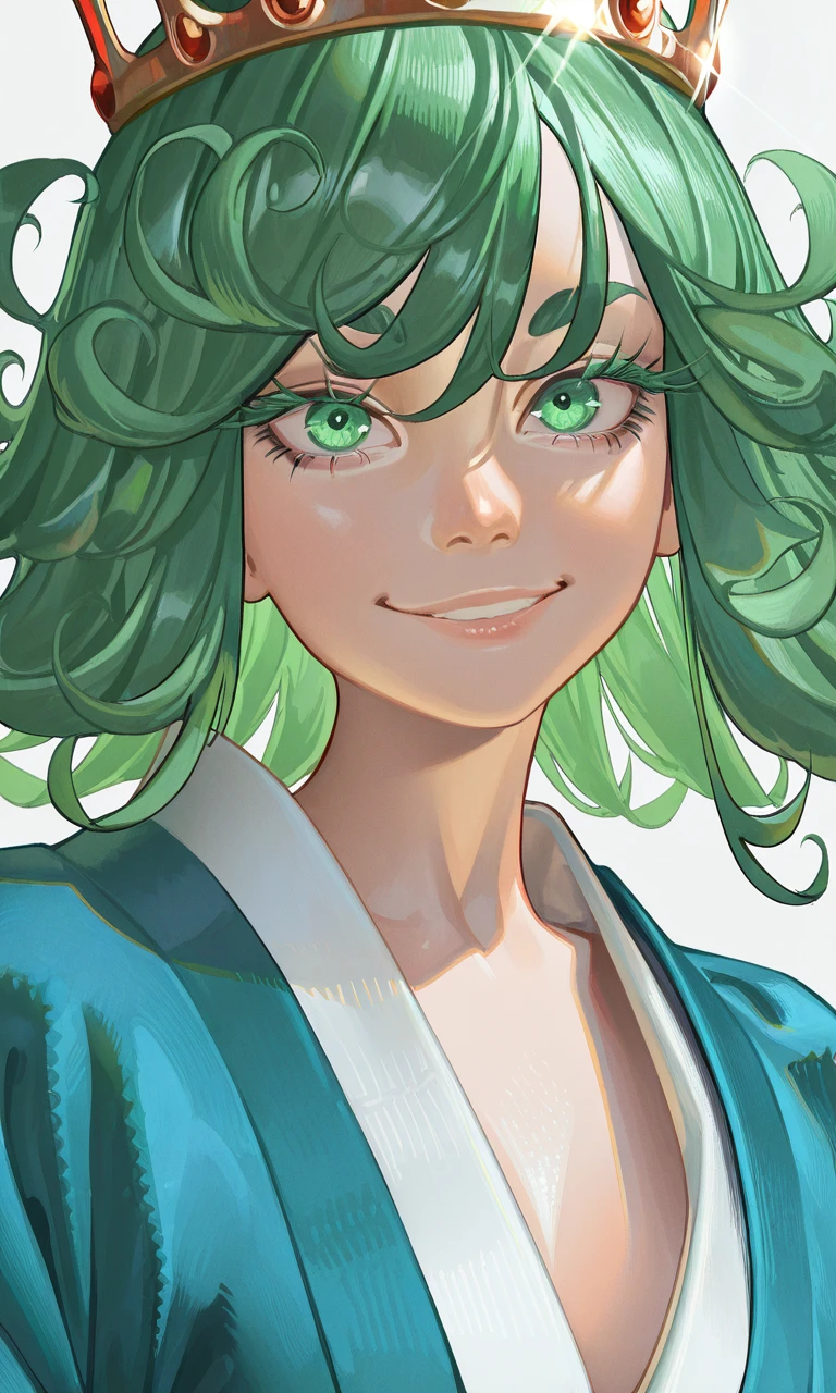 masterpiece, best quality, very aesthetic, high resolution, ultra-detailed, absurdres, newest, extremely detailed eyes, 1girl, green hair, white background, smile, looking at viewer, simple background, japanese clothes, glint, bangs, medium hair, upper body, kimono, sidelocks, crown,, tatsumaki, PUMPUM_ST, realistic