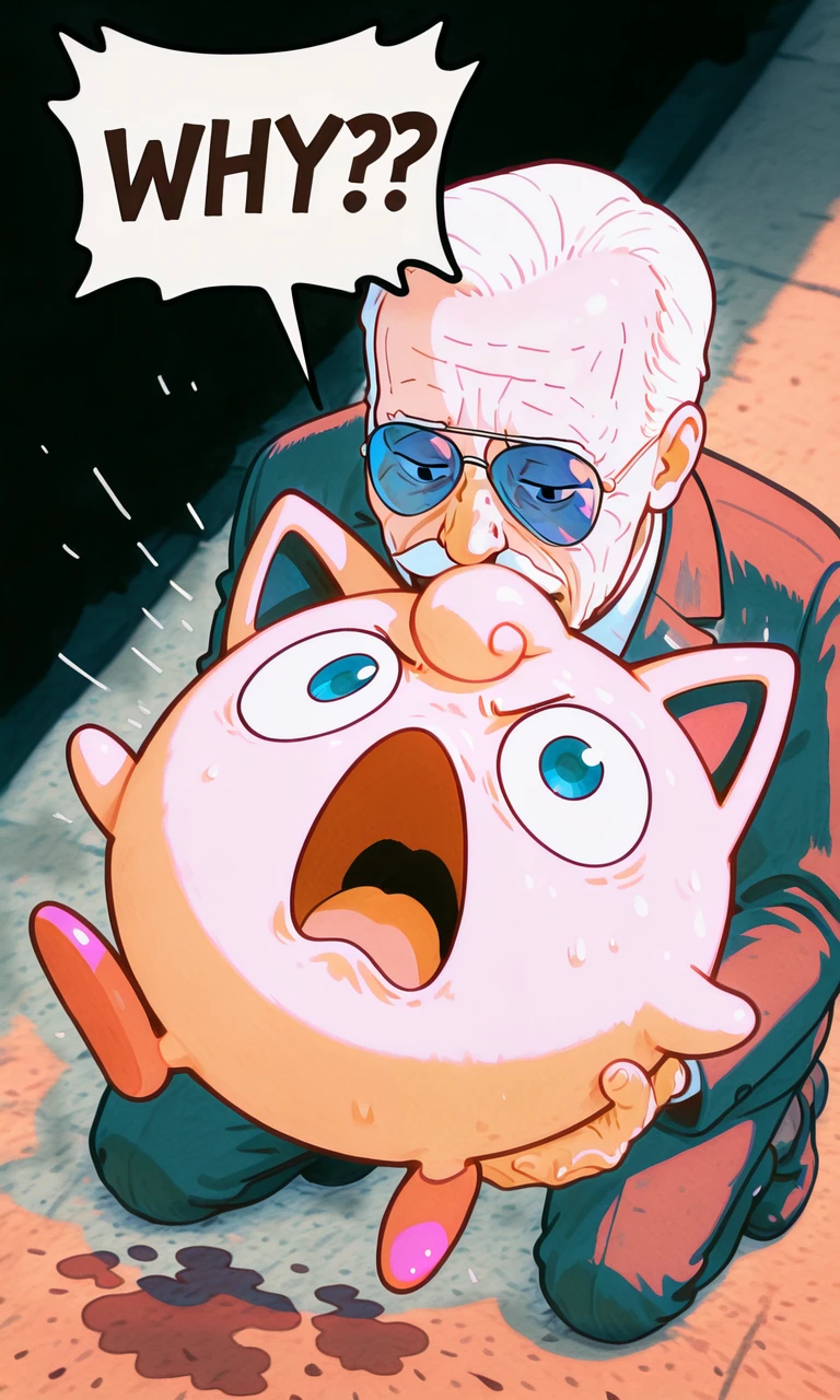 embedding:IllusP0s, WHY?!, speech bubble, smelling another's hair, smelling from behind, 1boy, nose, high angle, from above, jigglypuff, scared, ><, old man, fake moustache, aviator sunglasses, suit, screaming,<lora:g00se_v2_ill.safetensors:1.0:1.0> <lora:why_illustrious.safetensors:1:1> <lora:smelling another's hair, smelling from behind_illustrious.safetensors:1:1>
